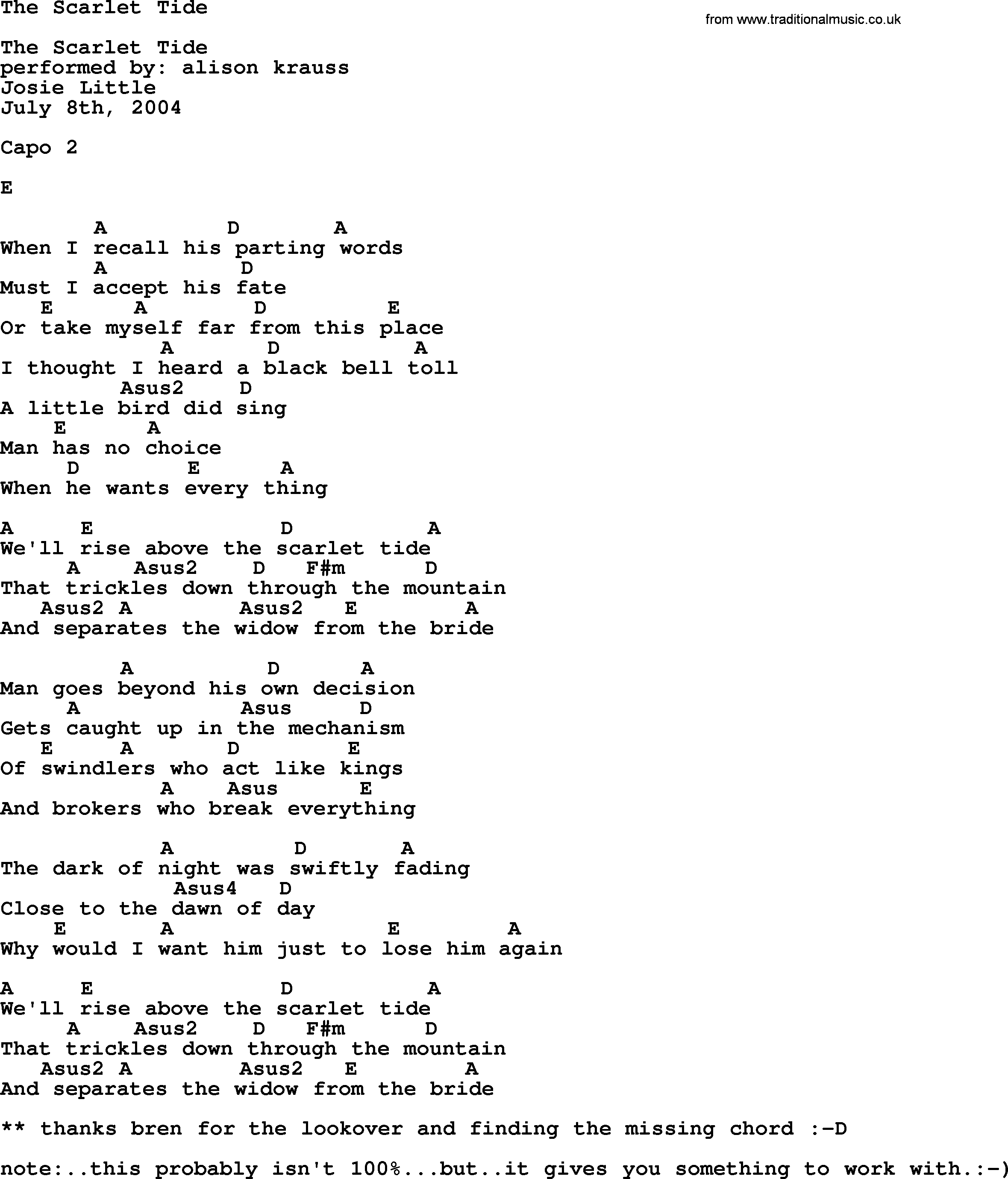 Bluegrass song: The Scarlet Tide, lyrics and chords