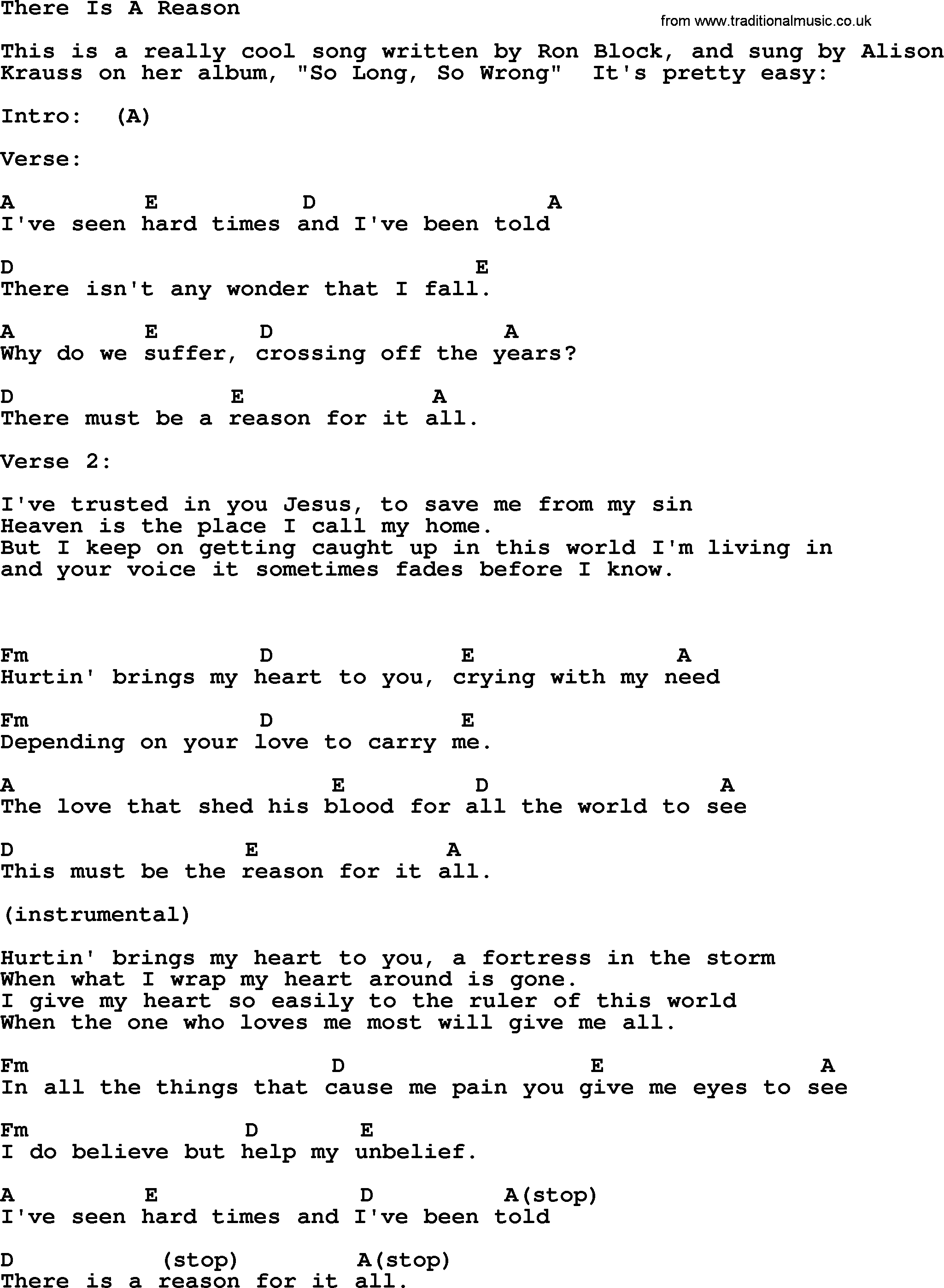 Bluegrass song: There Is A Reason, lyrics and chords