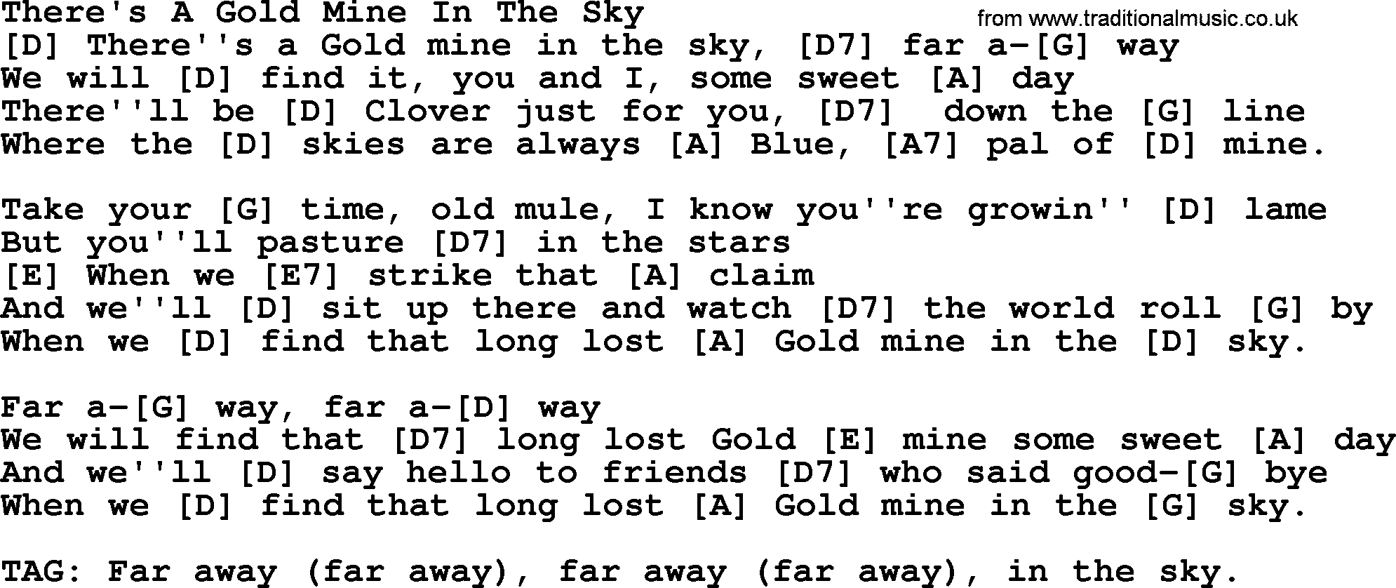 Bluegrass song: There's A Gold Mine In The Sky, lyrics and chords