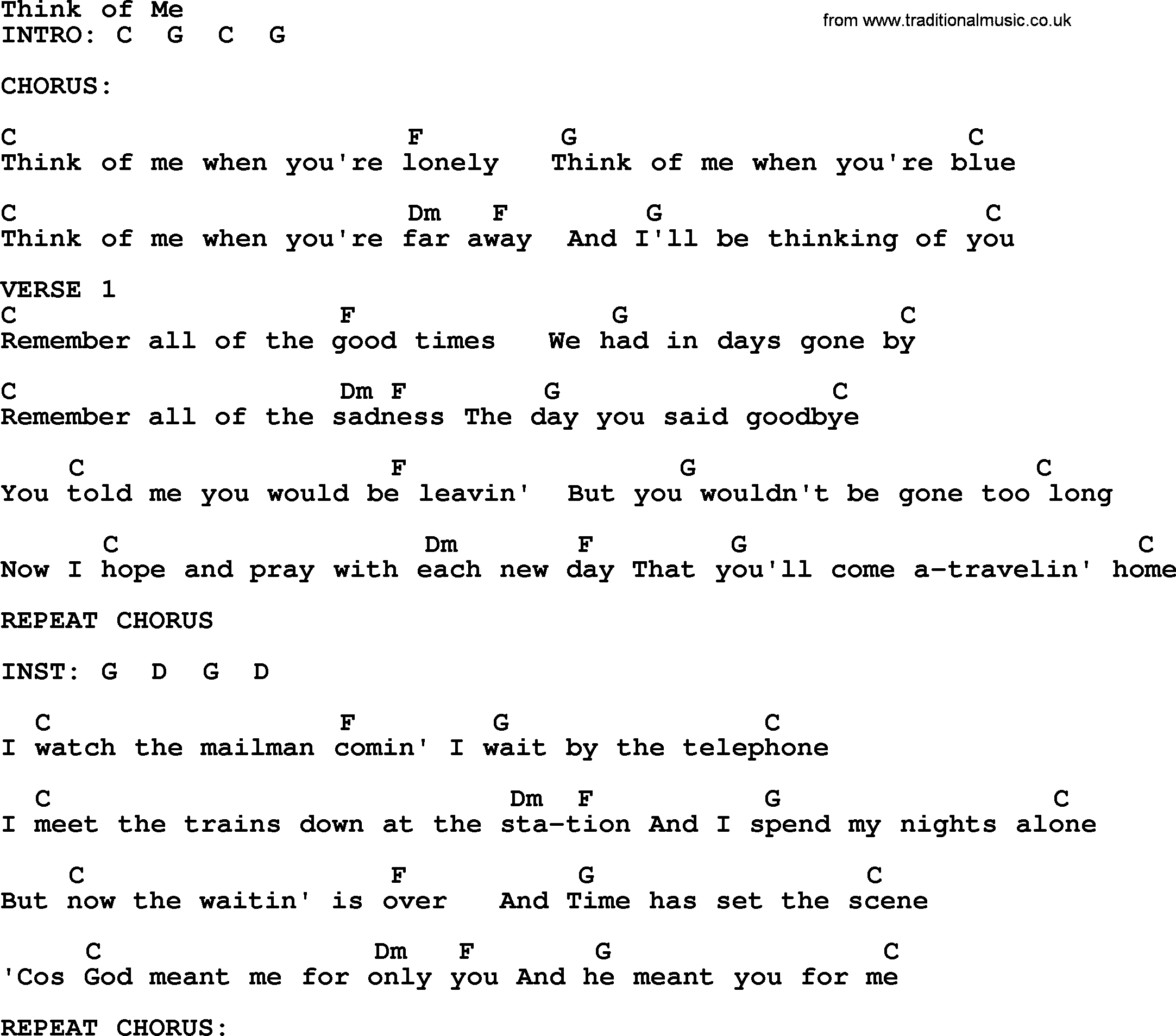 Bluegrass song: Think Of Me, lyrics and chords