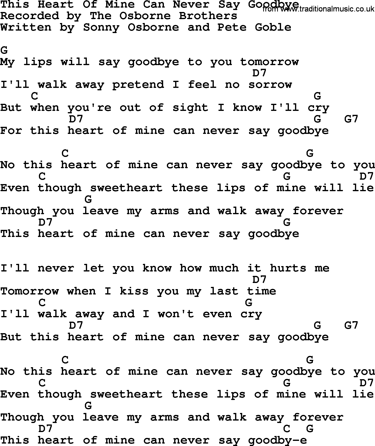 Bluegrass song: This Heart Of Mine Can Never Say Goodbye, lyrics and chords