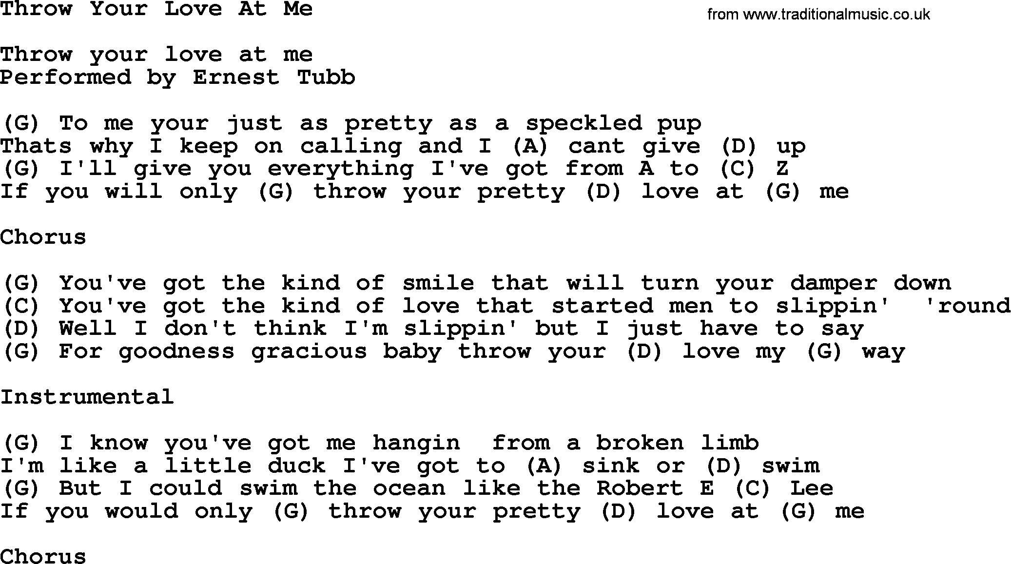 Bluegrass song: Throw Your Love At Me, lyrics and chords