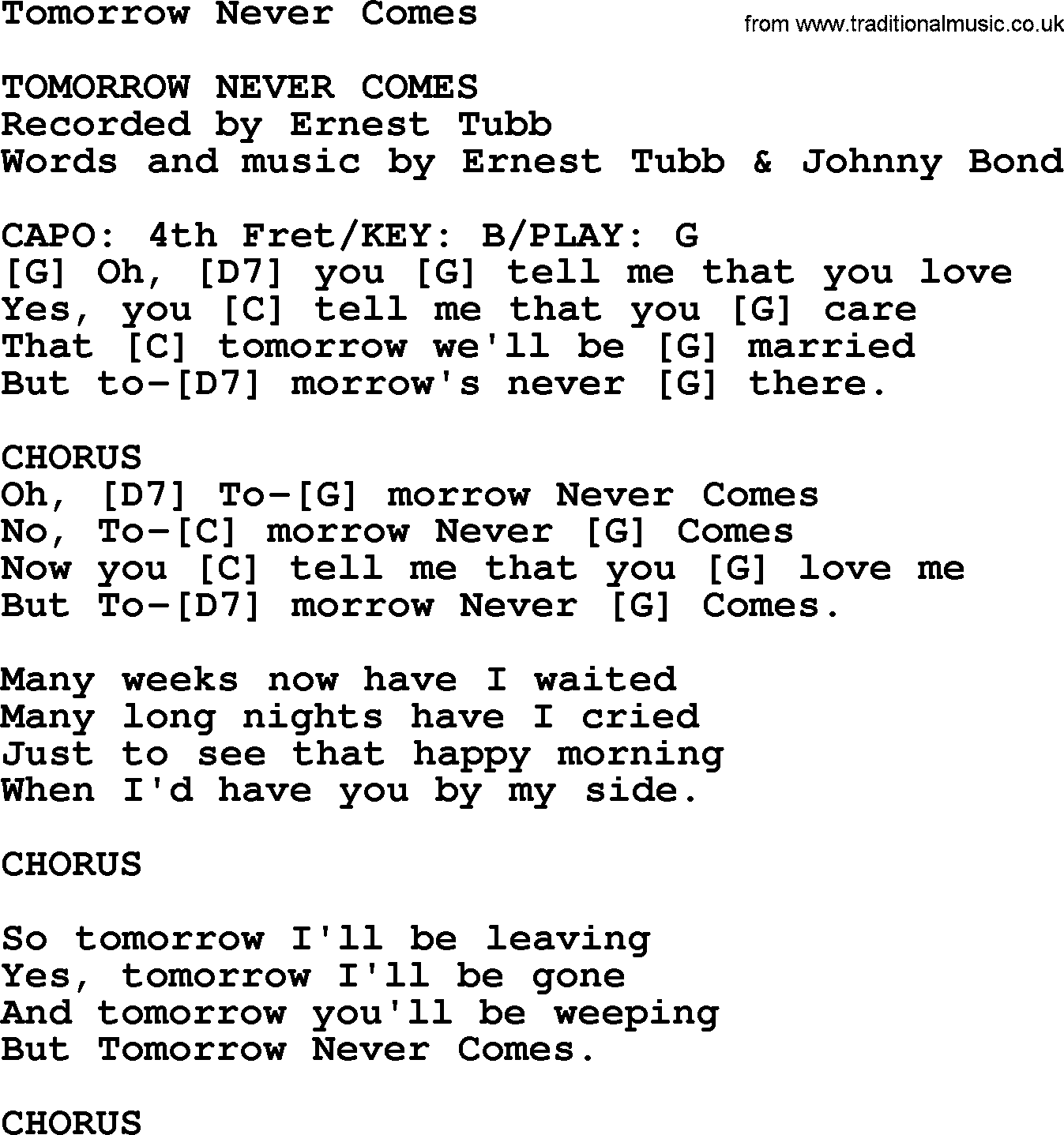 Bluegrass song: Tomorrow Never Comes, lyrics and chords