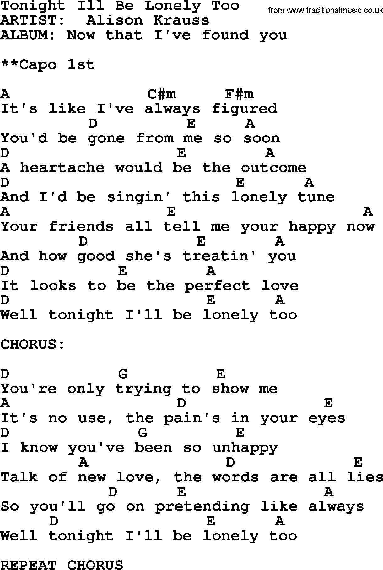 Bluegrass song: Tonight Ill Be Lonely Too, lyrics and chords
