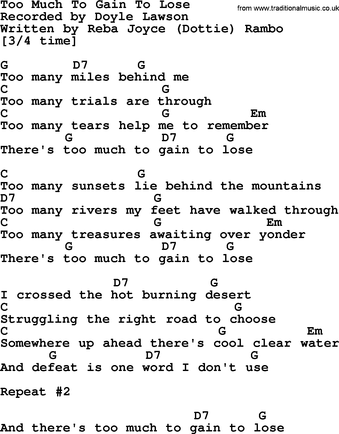 Bluegrass song: Too Much To Gain To Lose, lyrics and chords