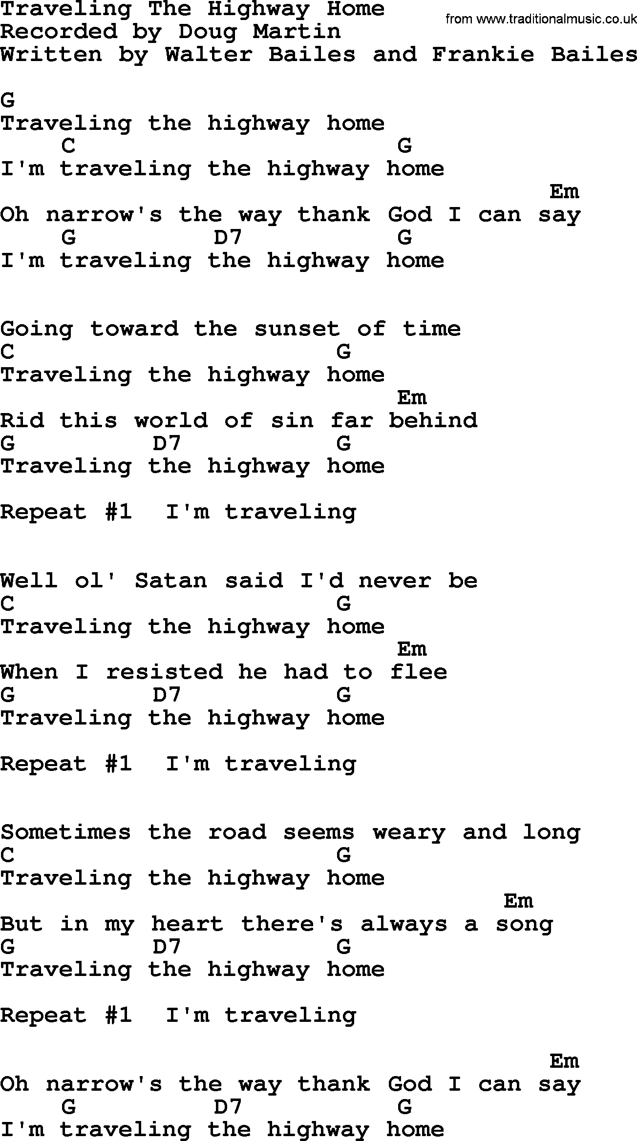 Bluegrass song: Traveling The Highway Home, lyrics and chords