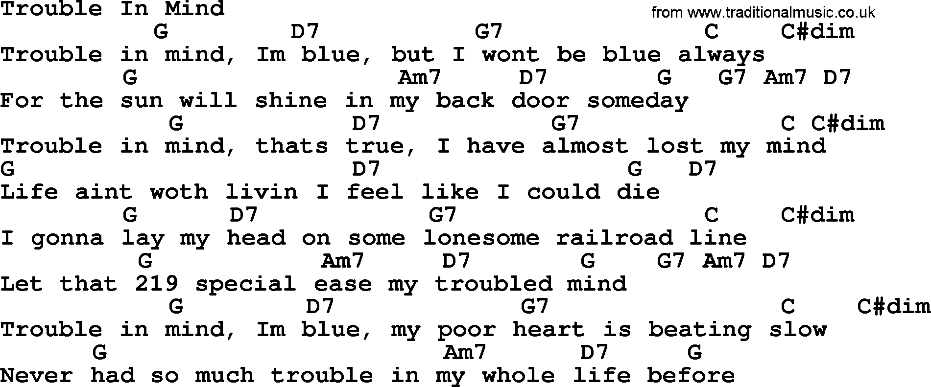 Bluegrass song: Trouble In Mind, lyrics and chords