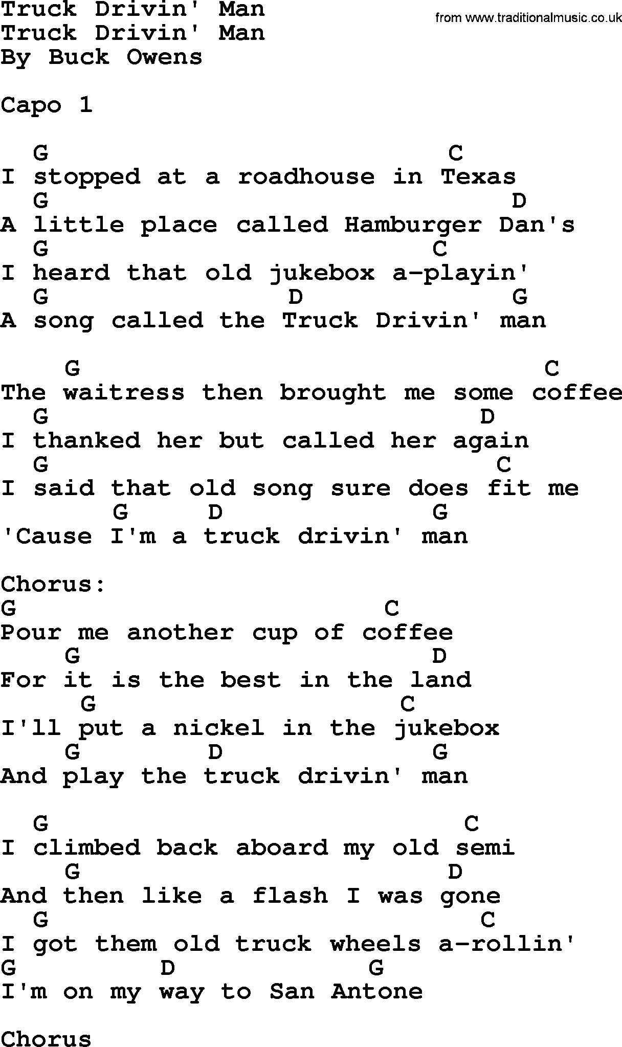 Bluegrass song: Truck Drivin' Man, lyrics and chords