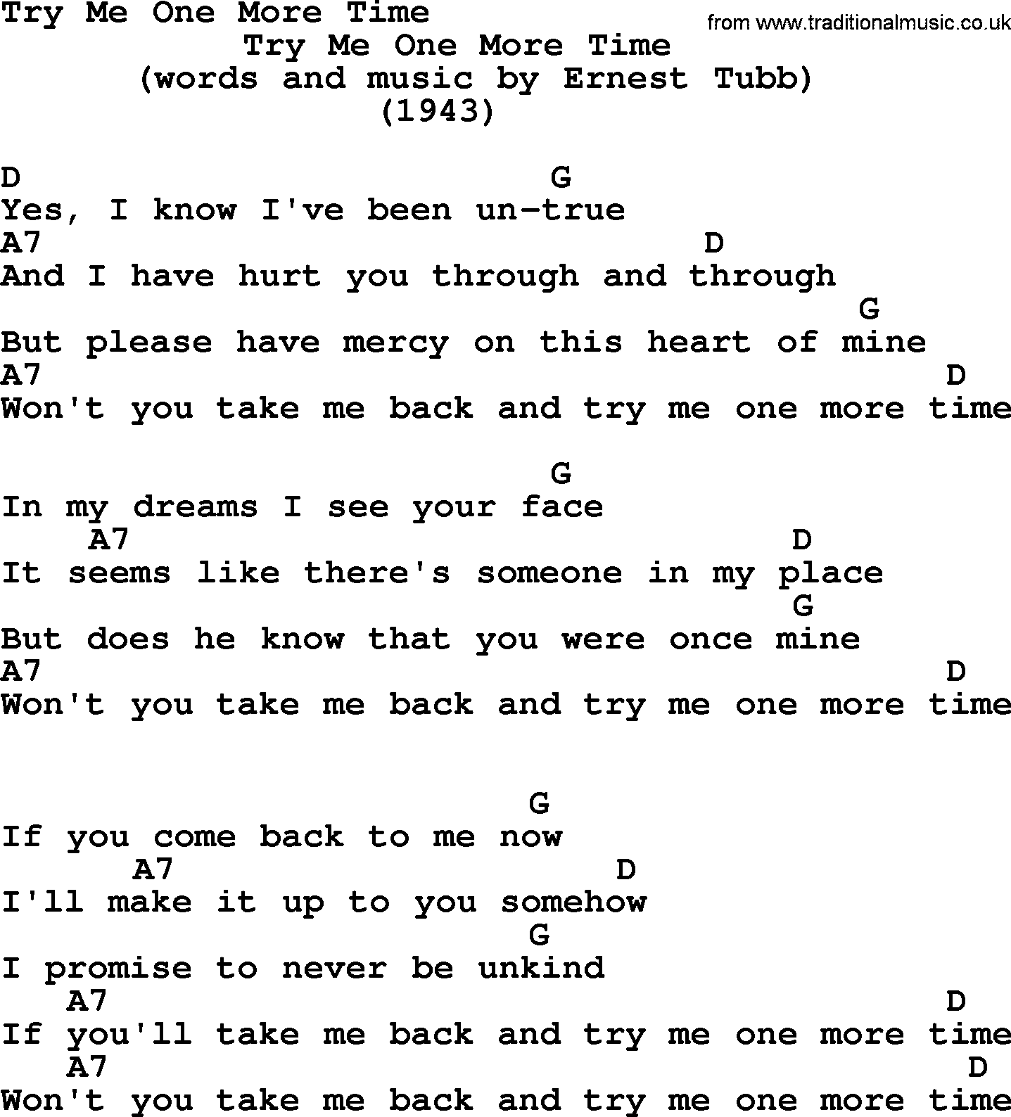 Bluegrass song: Try Me One More Time, lyrics and chords