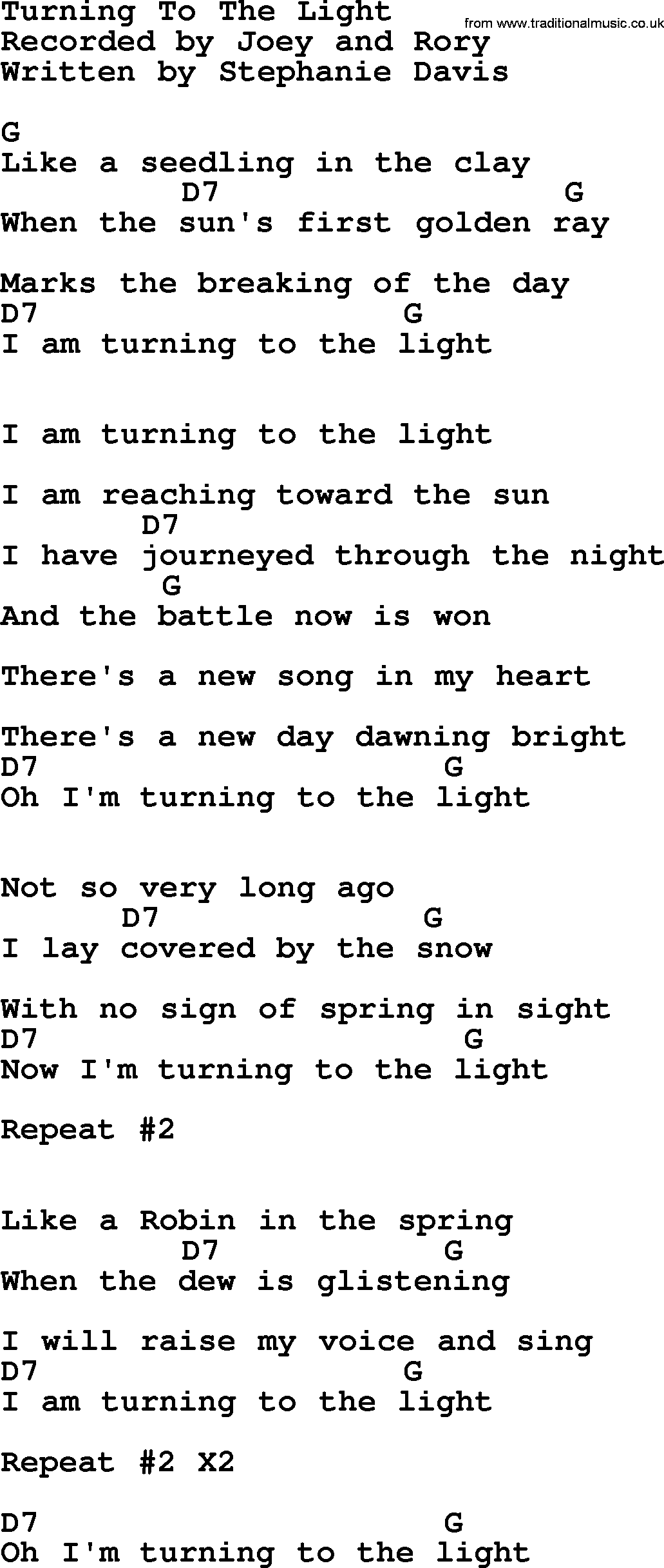 Bluegrass song: Turning To The Light, lyrics and chords