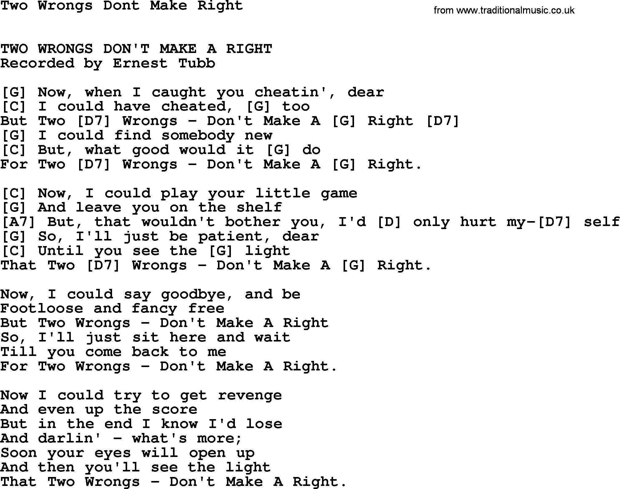 Bluegrass song: Two Wrongs Dont Make Right, lyrics and chords