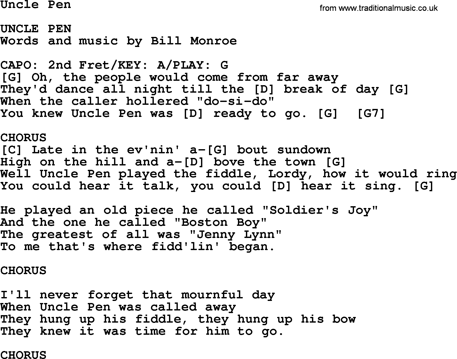 Bluegrass song: Uncle Pen, lyrics and chords