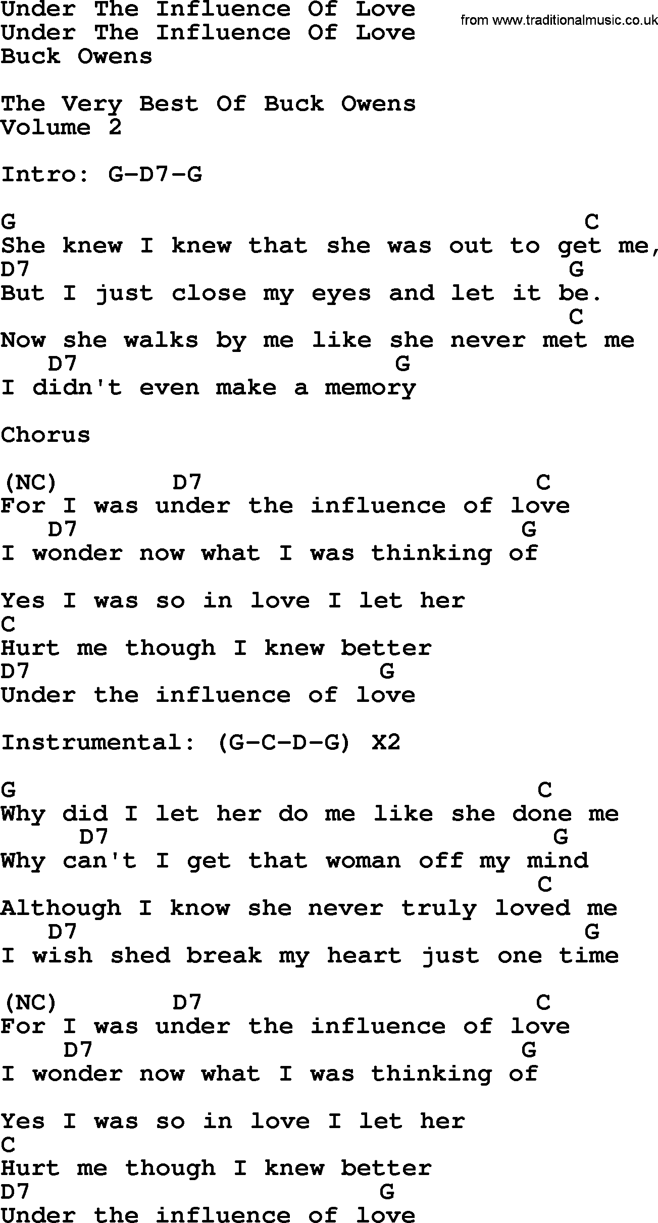 Bluegrass song: Under The Influence Of Love, lyrics and chords