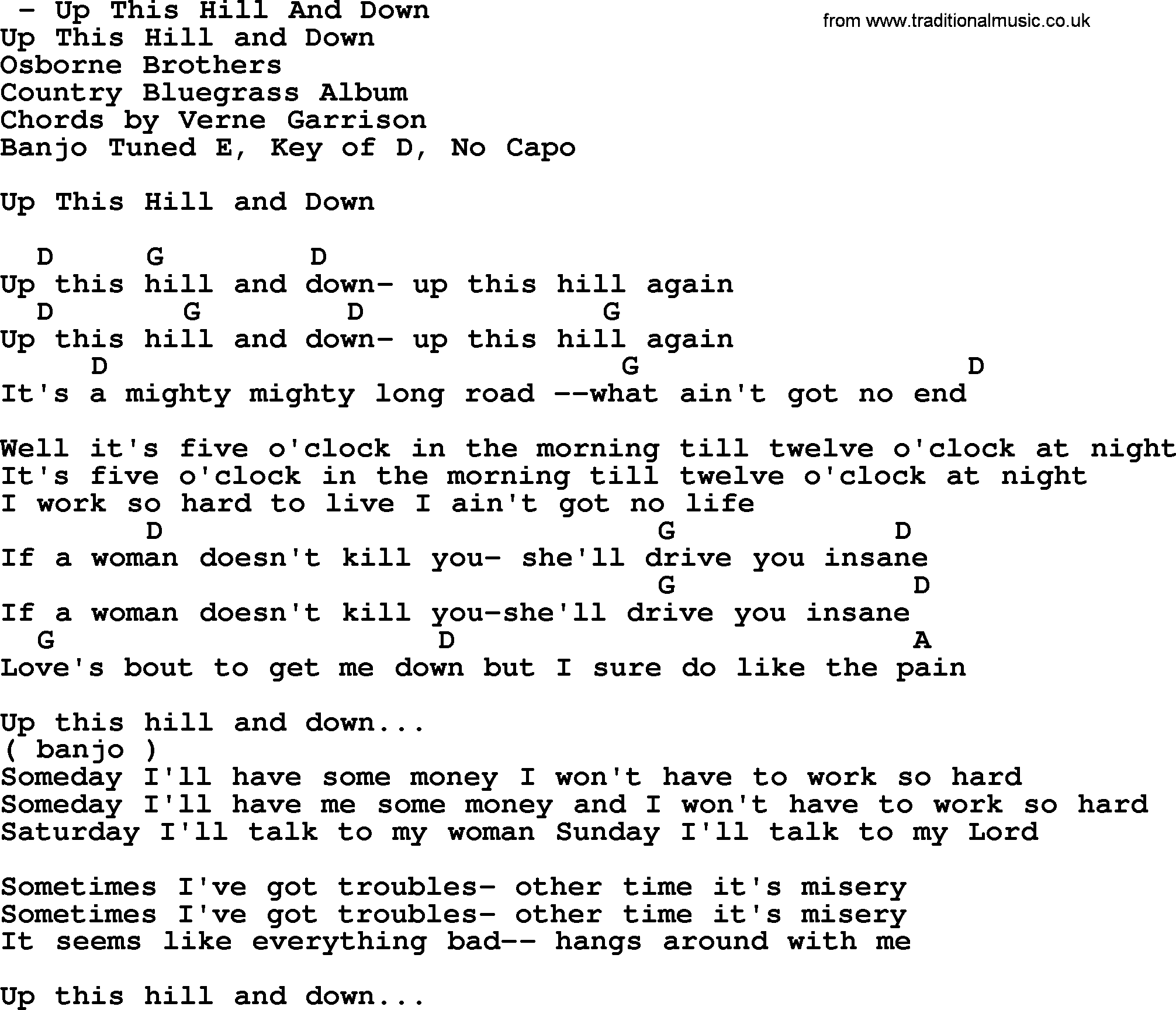Bluegrass song: Up This Hill And Down, lyrics and chords