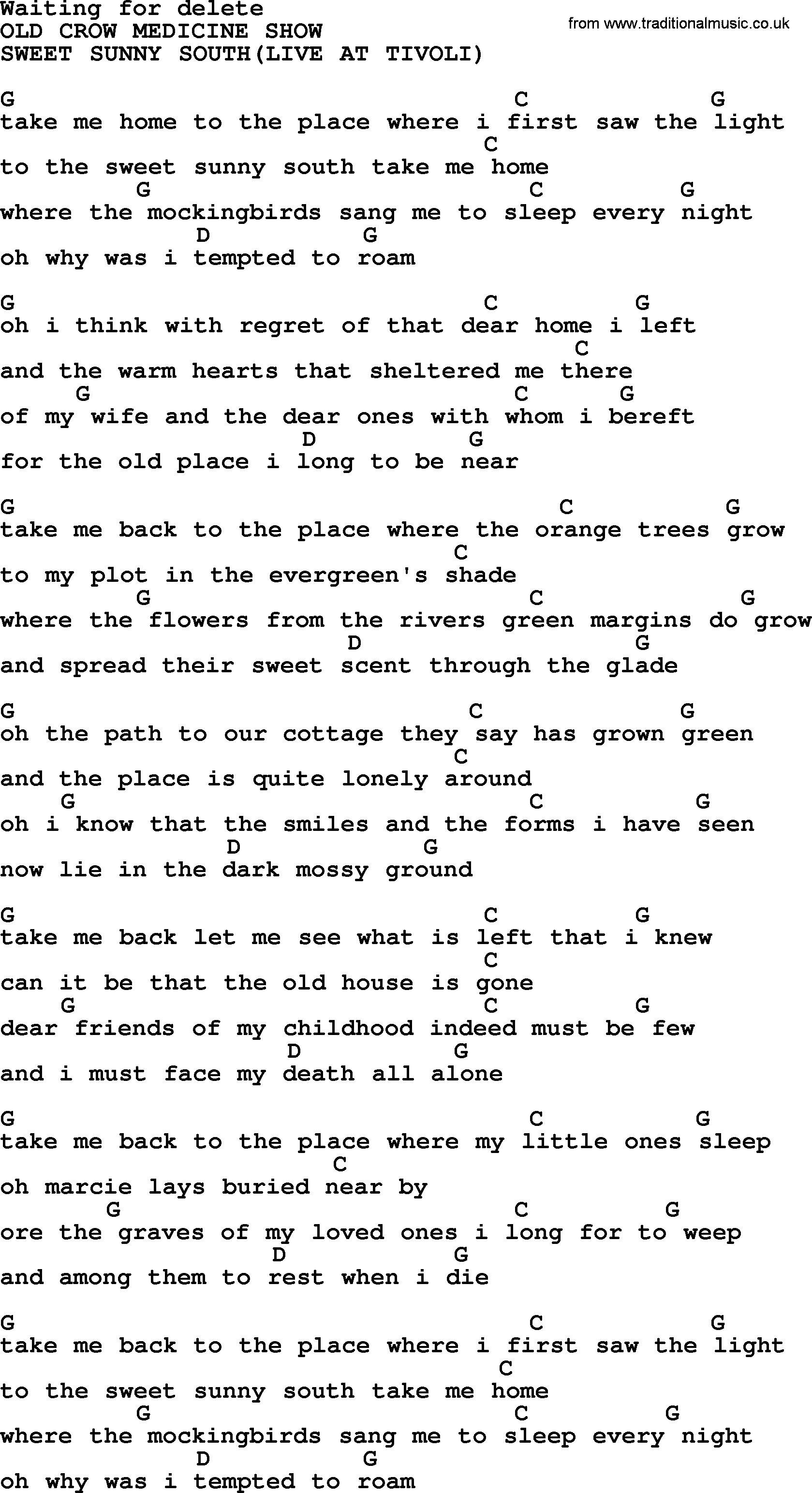 Bluegrass song: Waiting For Delete, lyrics and chords