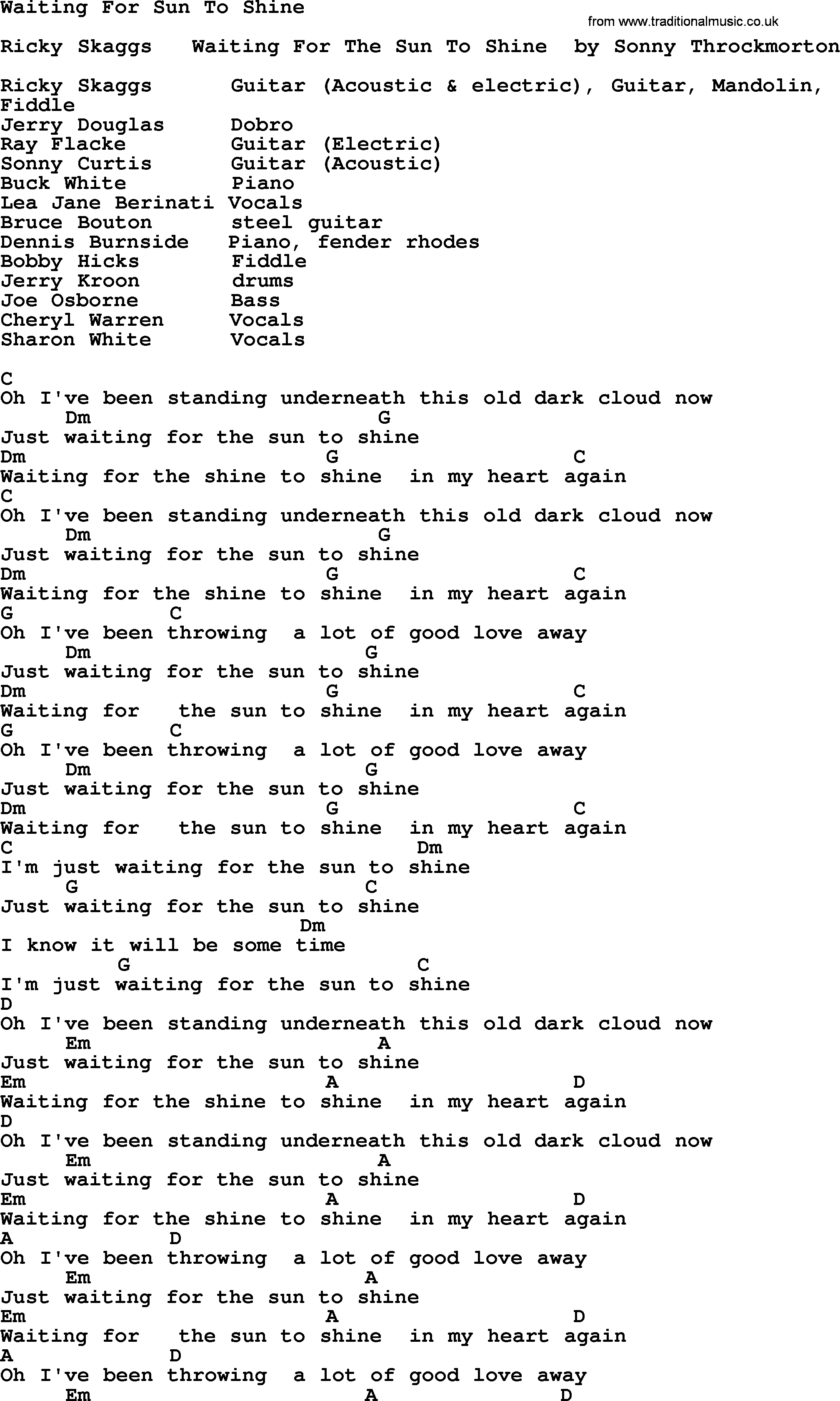 Bluegrass song: Waiting For Sun To Shine, lyrics and chords