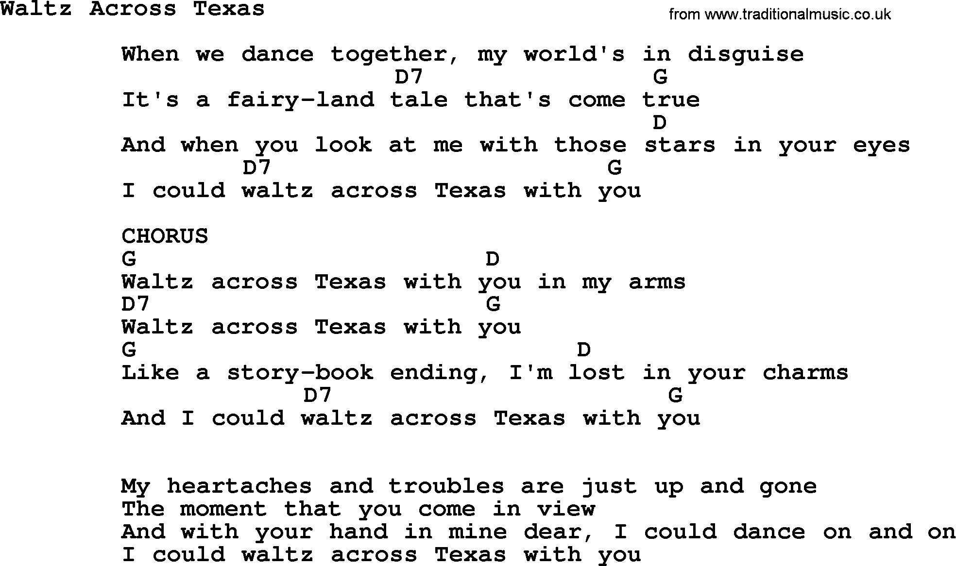 Bluegrass song: Waltz Across Texas, lyrics and chords