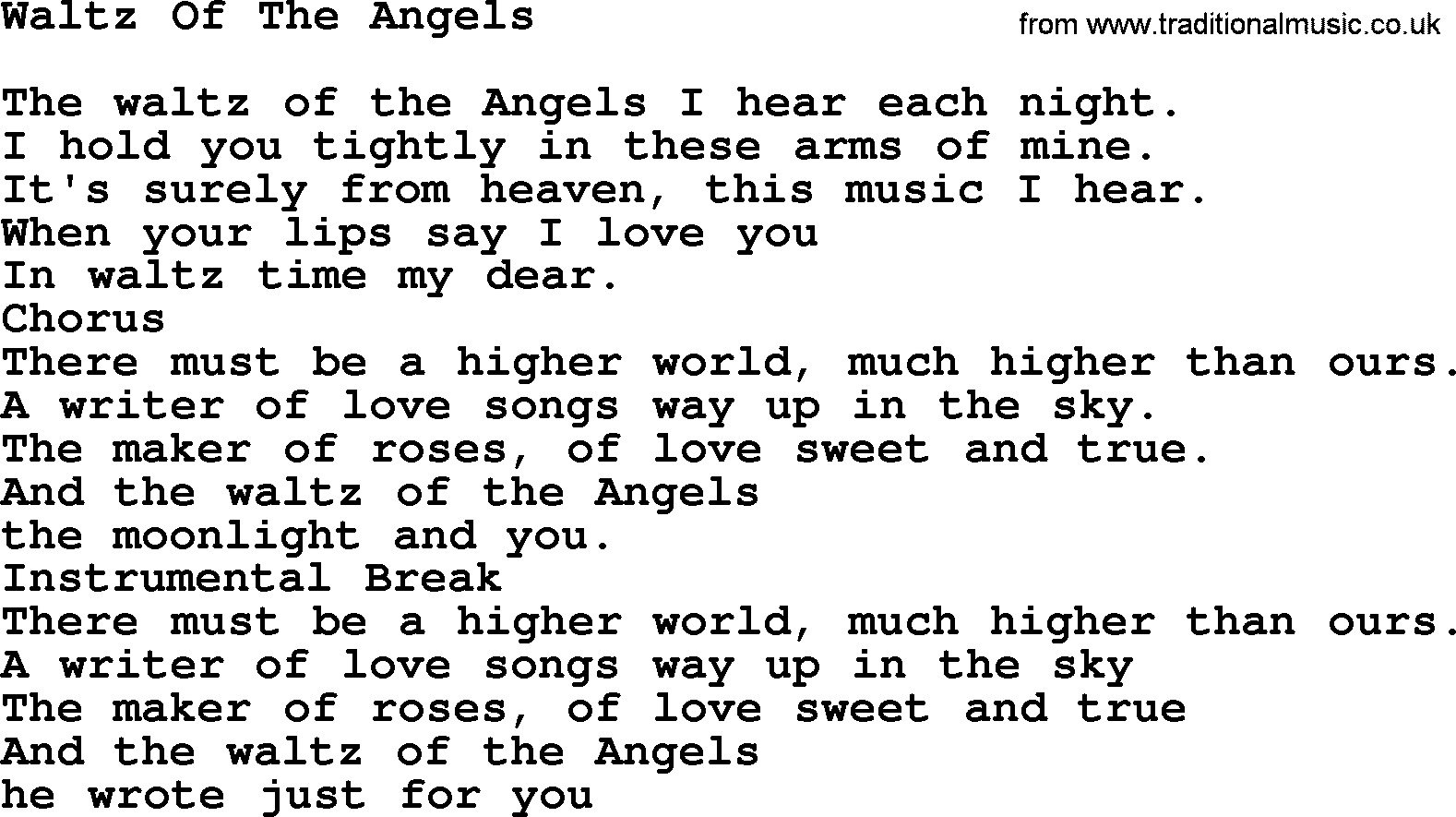 Bluegrass song: Waltz Of The Angels, lyrics and chords