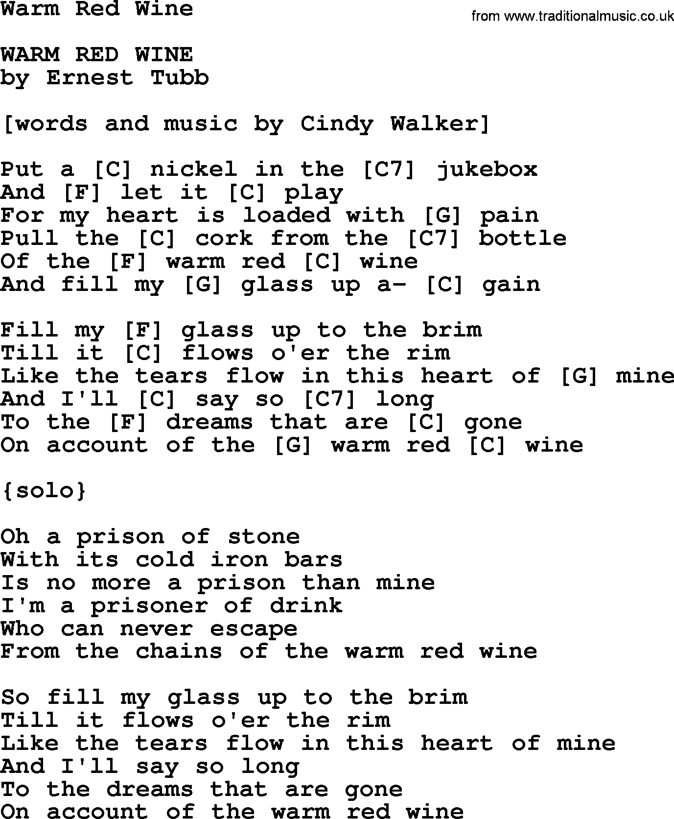 Bluegrass song: Warm Red Wine, lyrics and chords