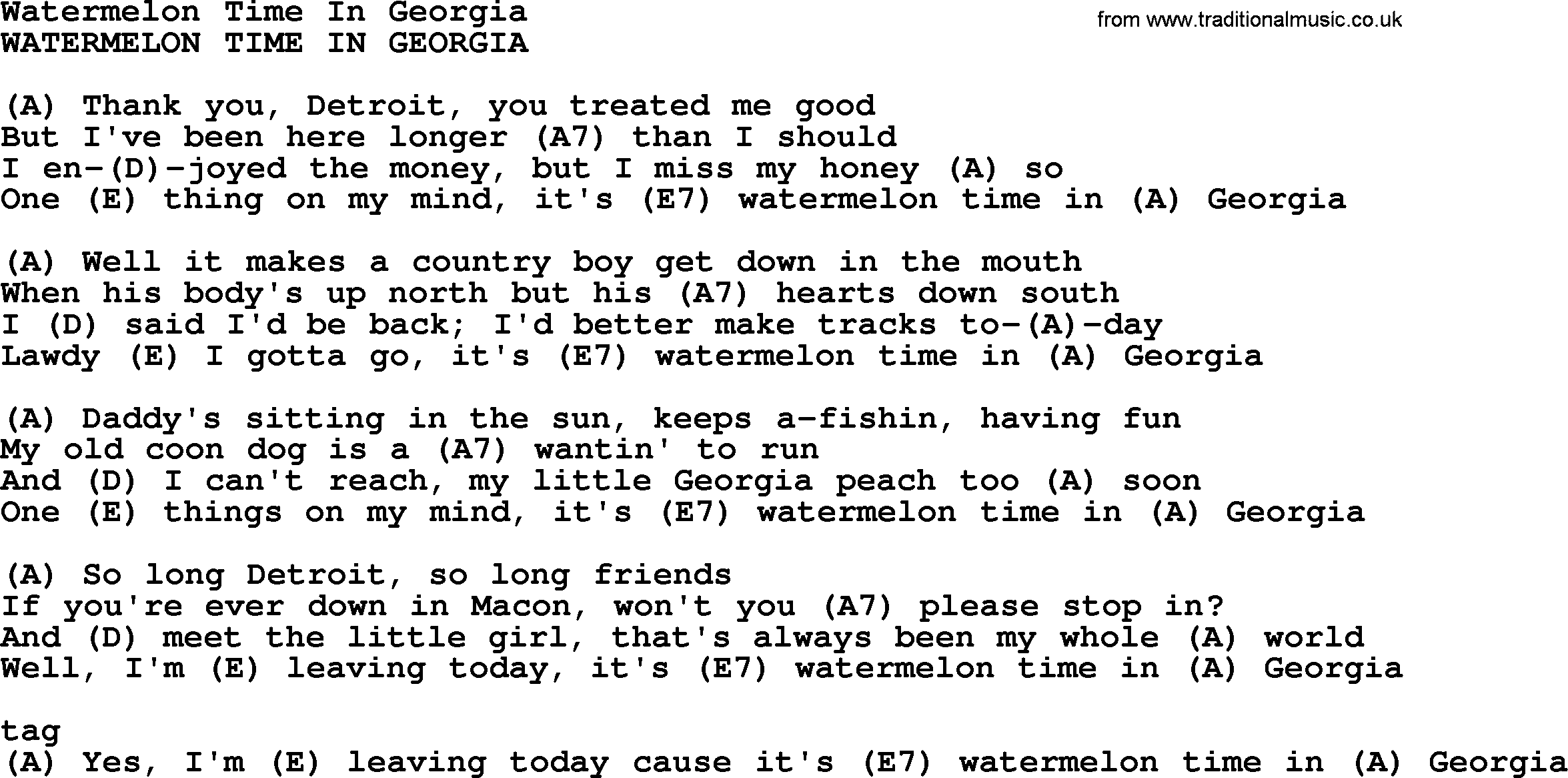 Bluegrass song: Watermelon Time In Georgia, lyrics and chords