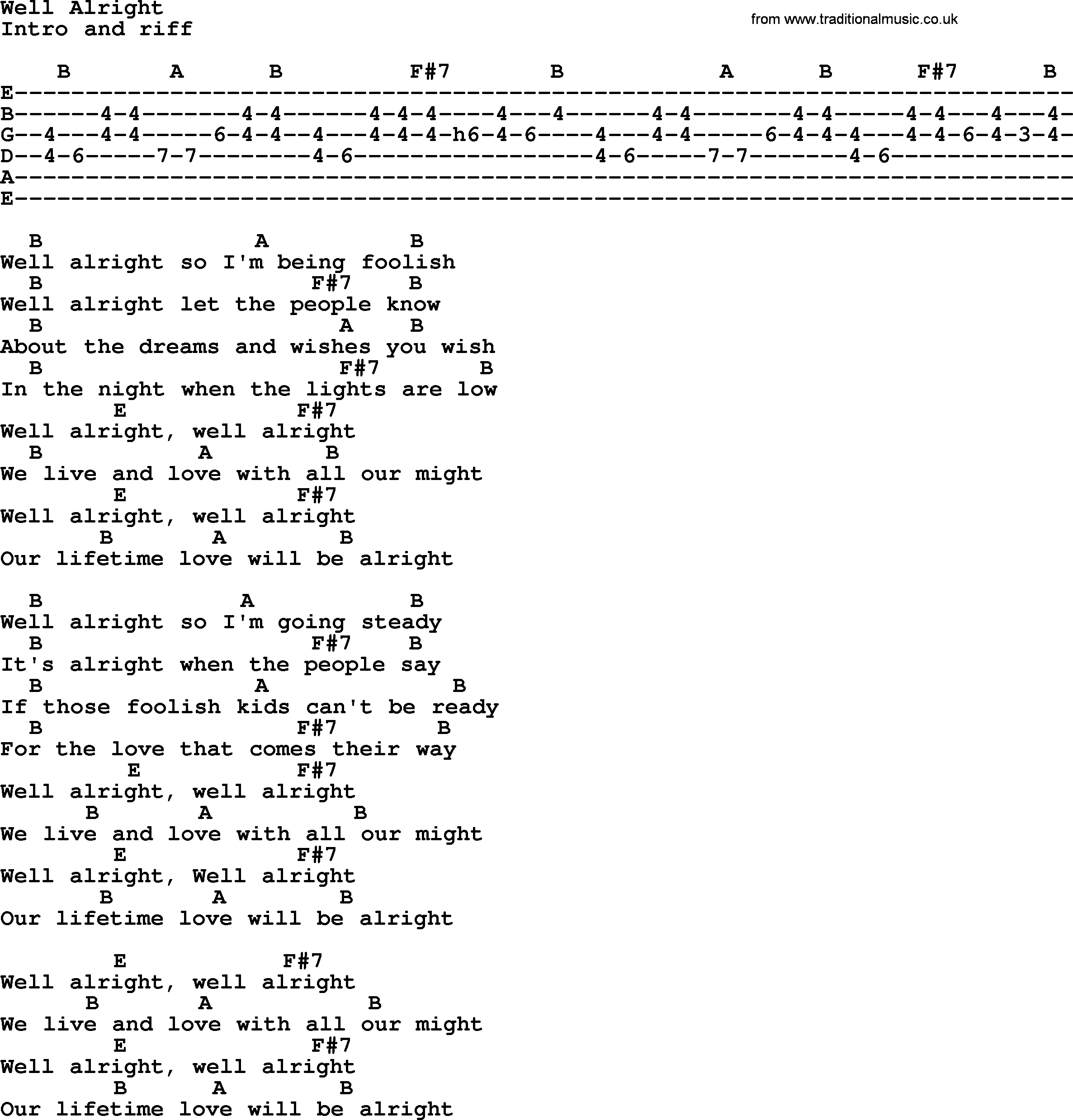 Bluegrass song: Well Alright, lyrics and chords