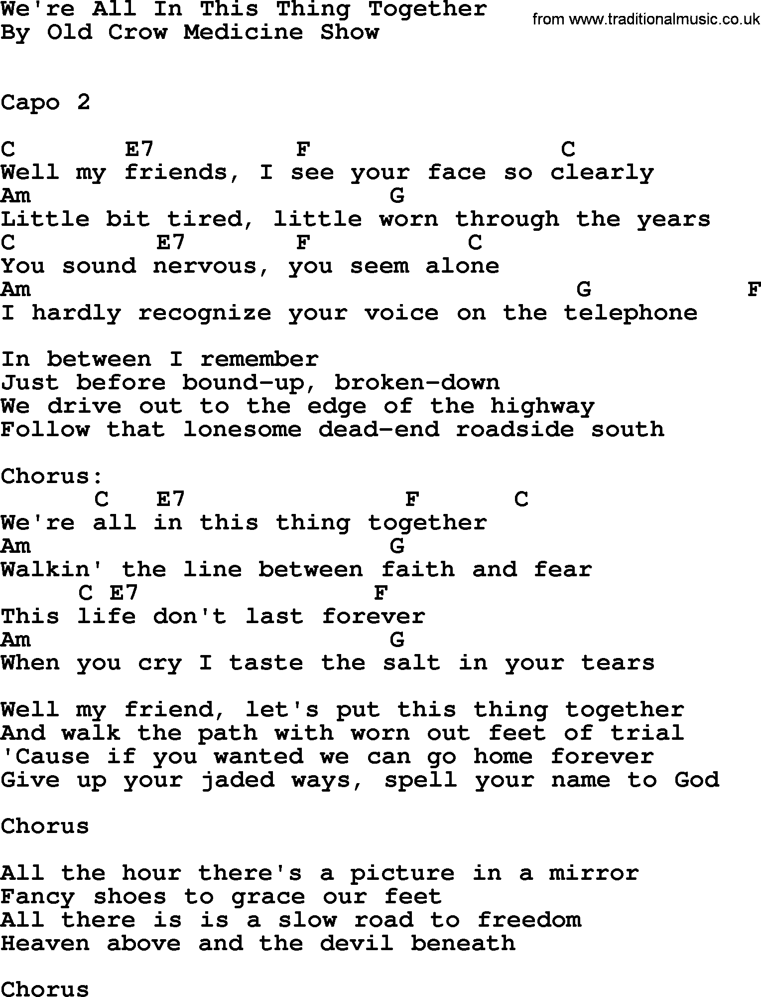 Bluegrass song: We're All In This Thing Together, lyrics and chords