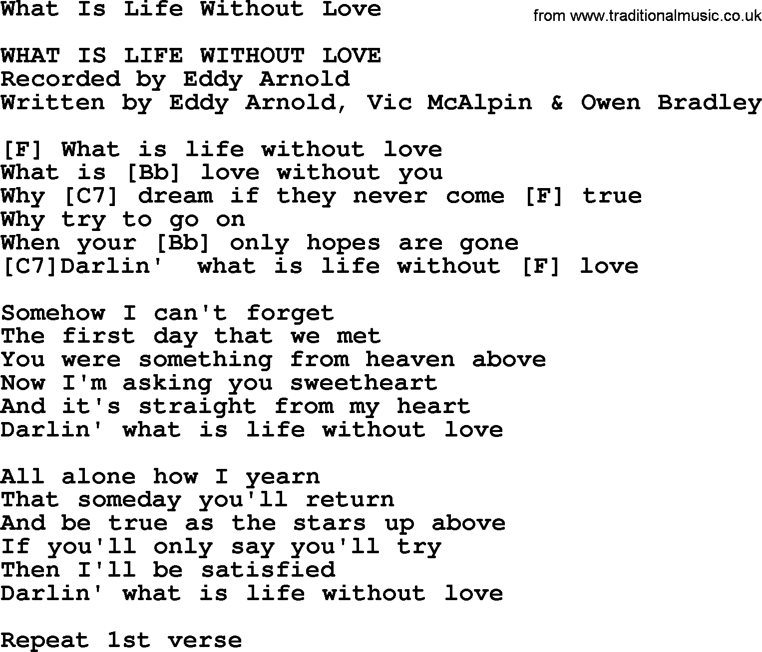 Bluegrass song: What Is Life Without Love, lyrics and chords