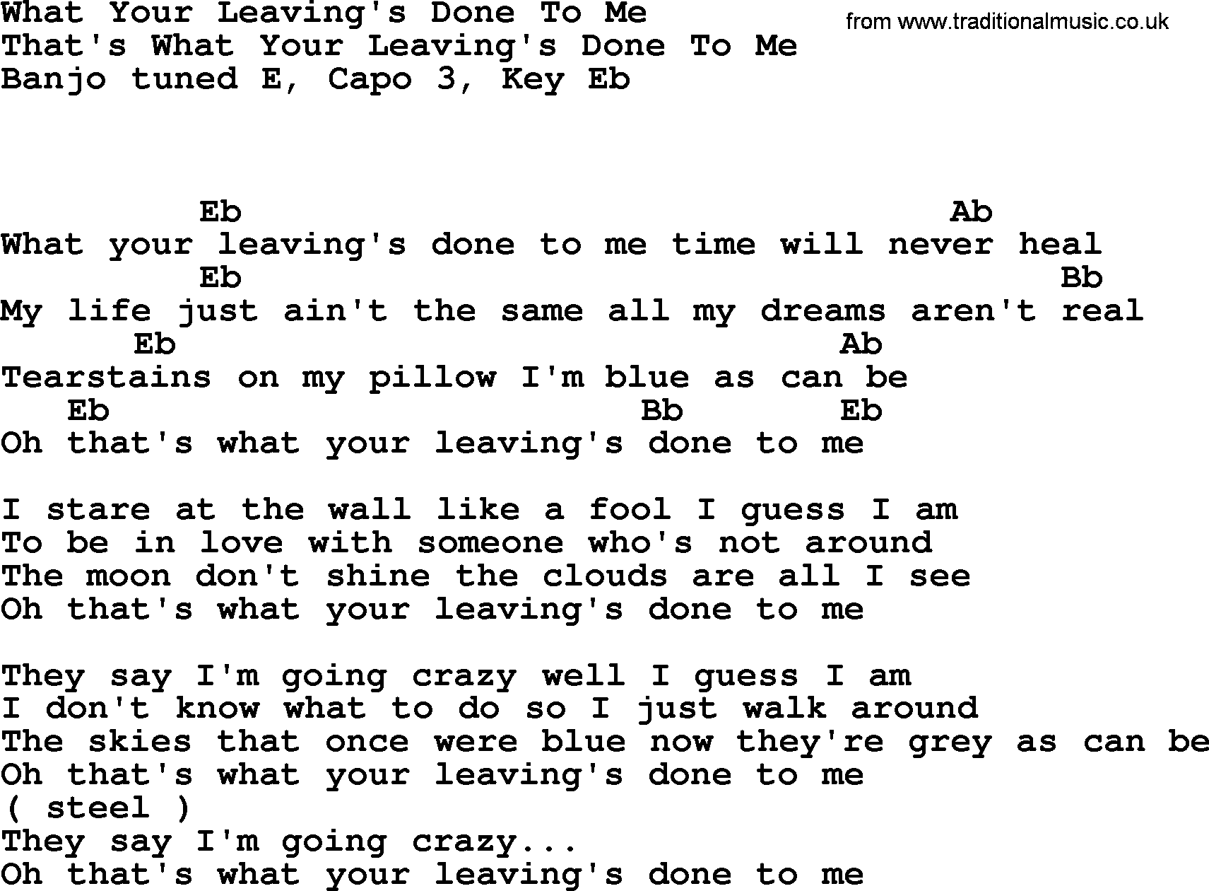 Bluegrass song: What Your Leaving's Done To Me, lyrics and chords