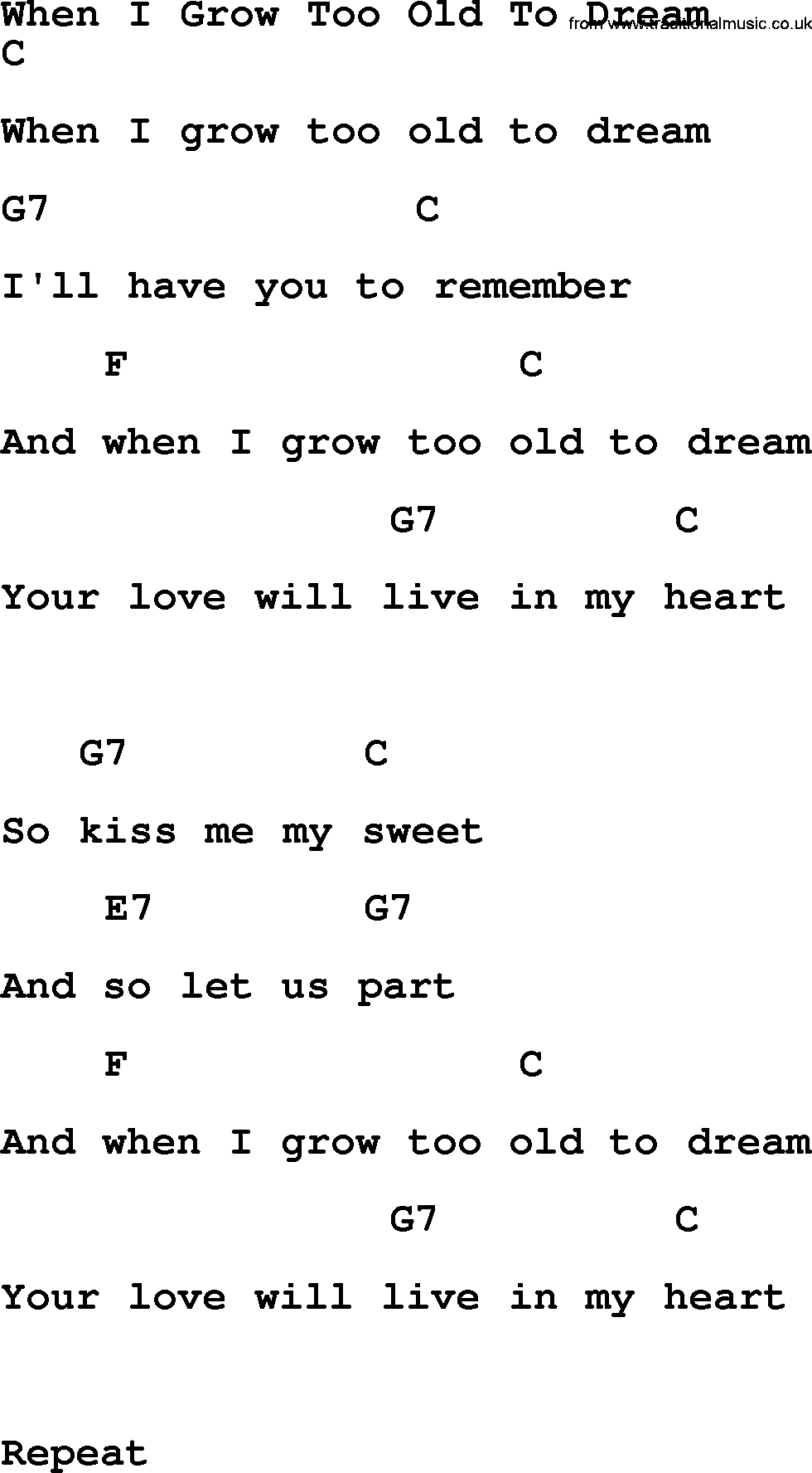 Bluegrass song: When I Grow Too Old To Dream, lyrics and chords