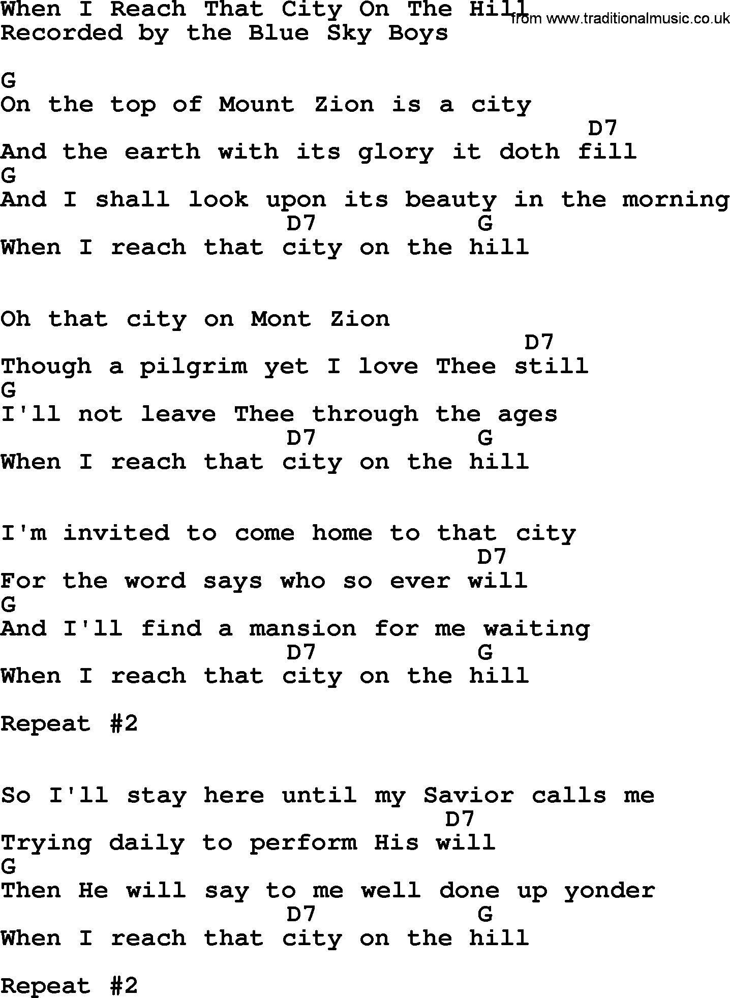 Bluegrass song: When I Reach That City On The Hill, lyrics and chords