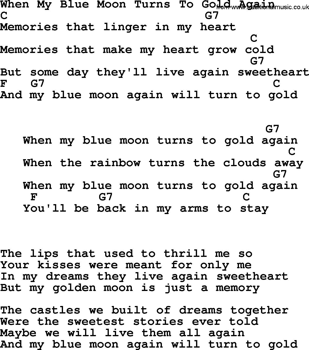 Bluegrass song: When My Blue Moon Turns To Gold Again, lyrics and chords