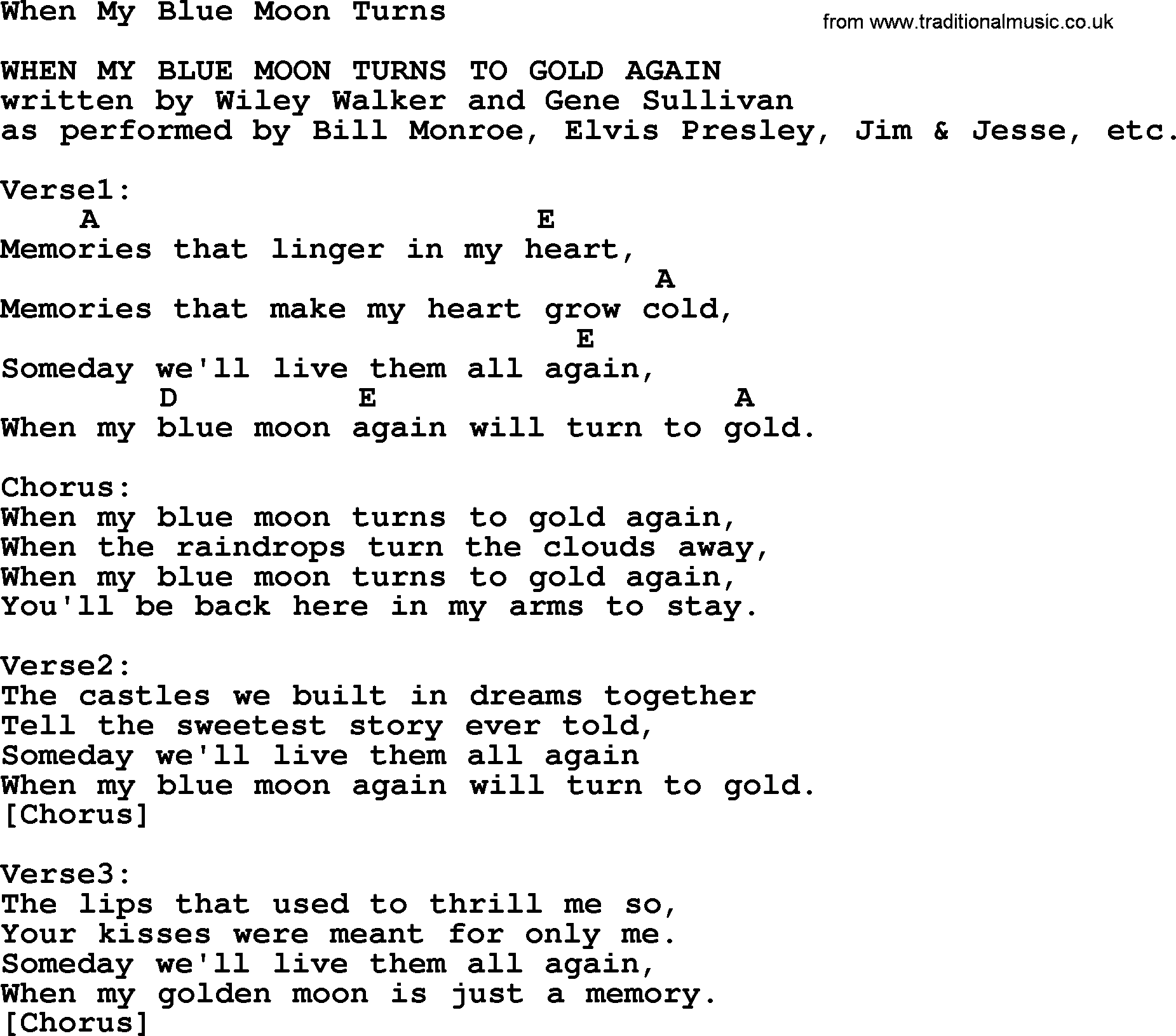 Bluegrass song: When My Blue Moon Turns, lyrics and chords