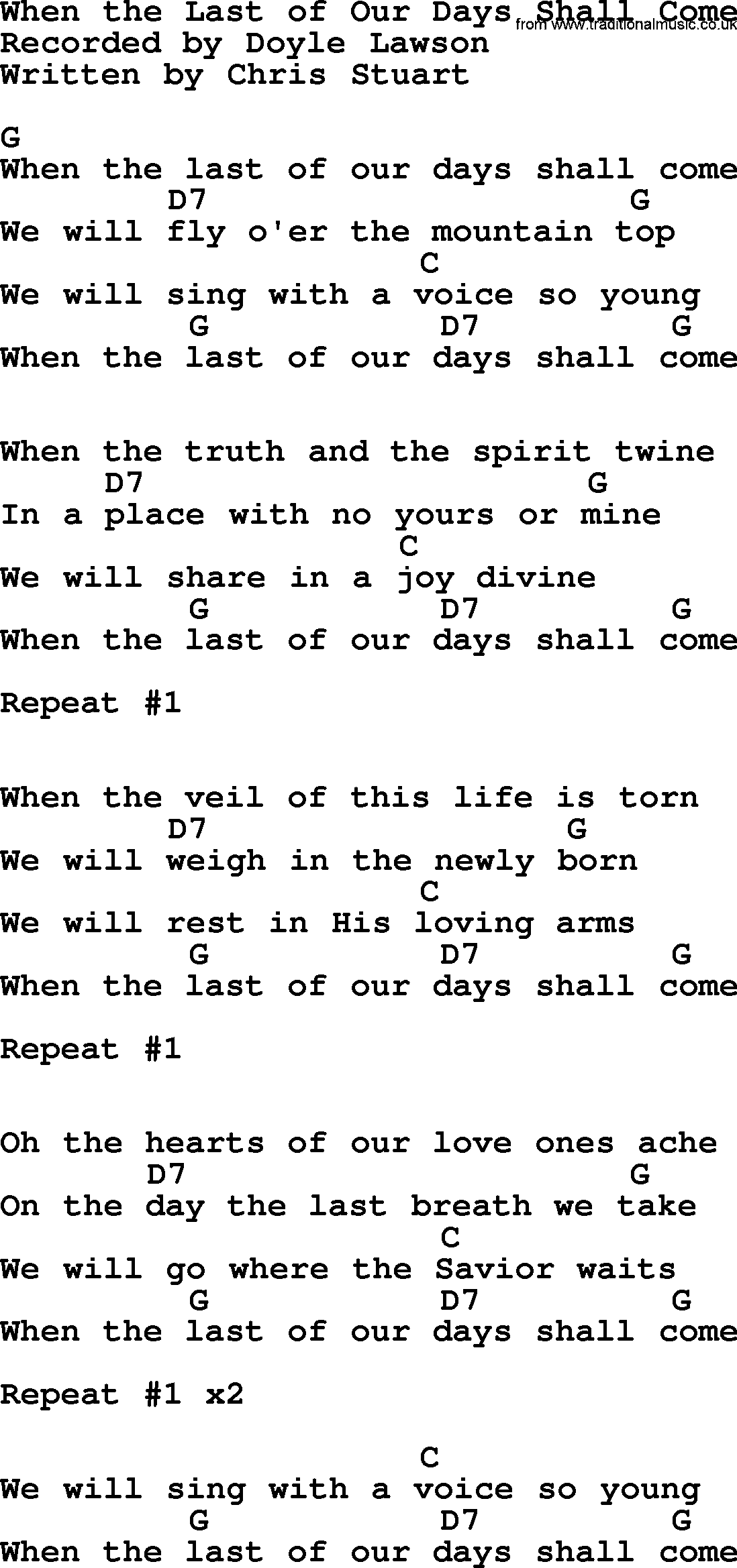 Bluegrass song: When The Last Of Our Days Shall Come, lyrics and chords