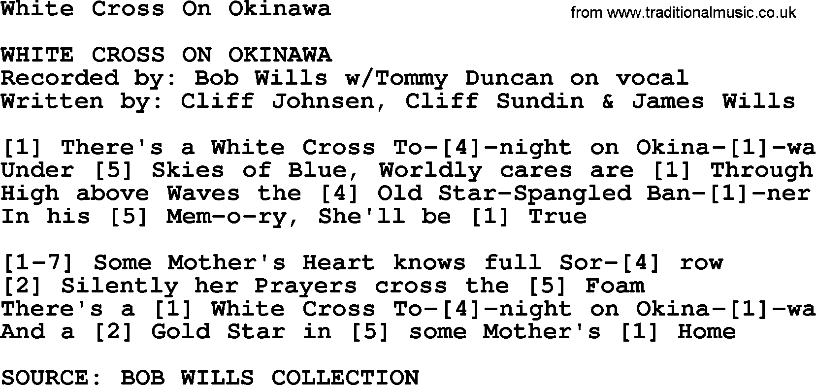 Bluegrass song: White Cross On Okinawa, lyrics and chords