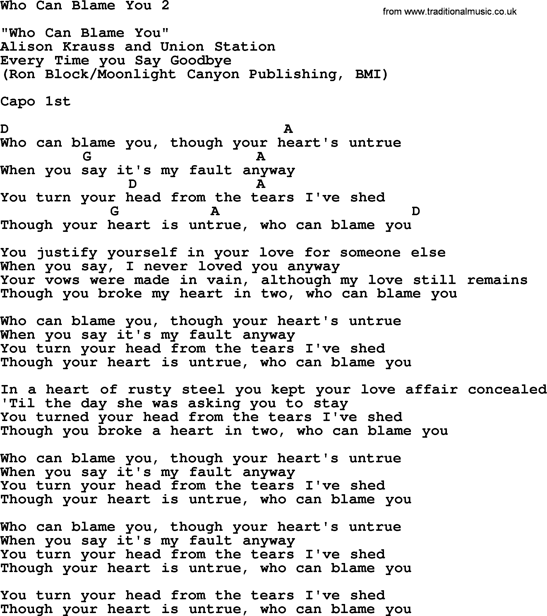 Bluegrass song: Who Can Blame You 2, lyrics and chords