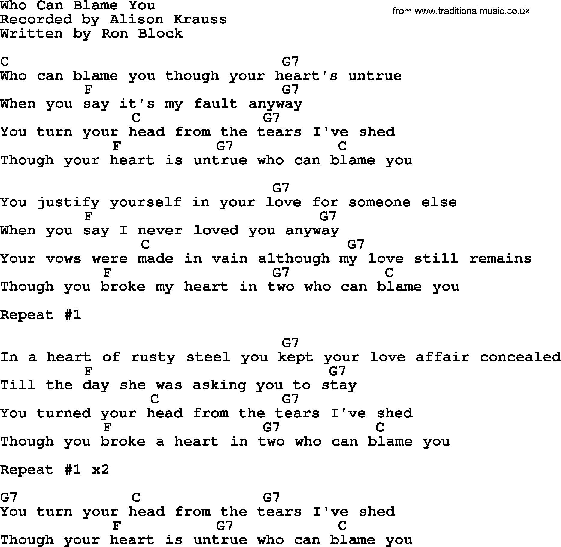 Bluegrass song: Who Can Blame You, lyrics and chords