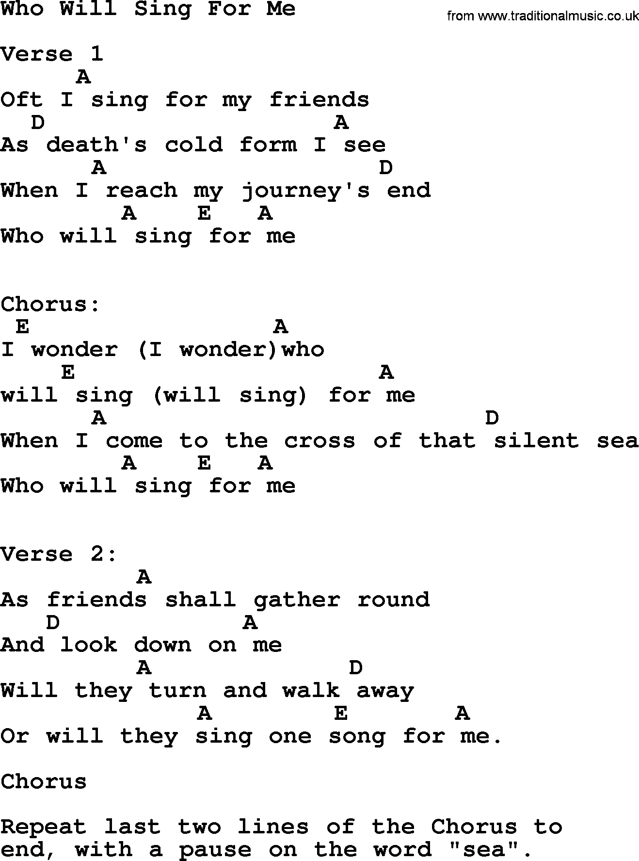 Bluegrass song: Who Will Sing For Me 2, lyrics and chords