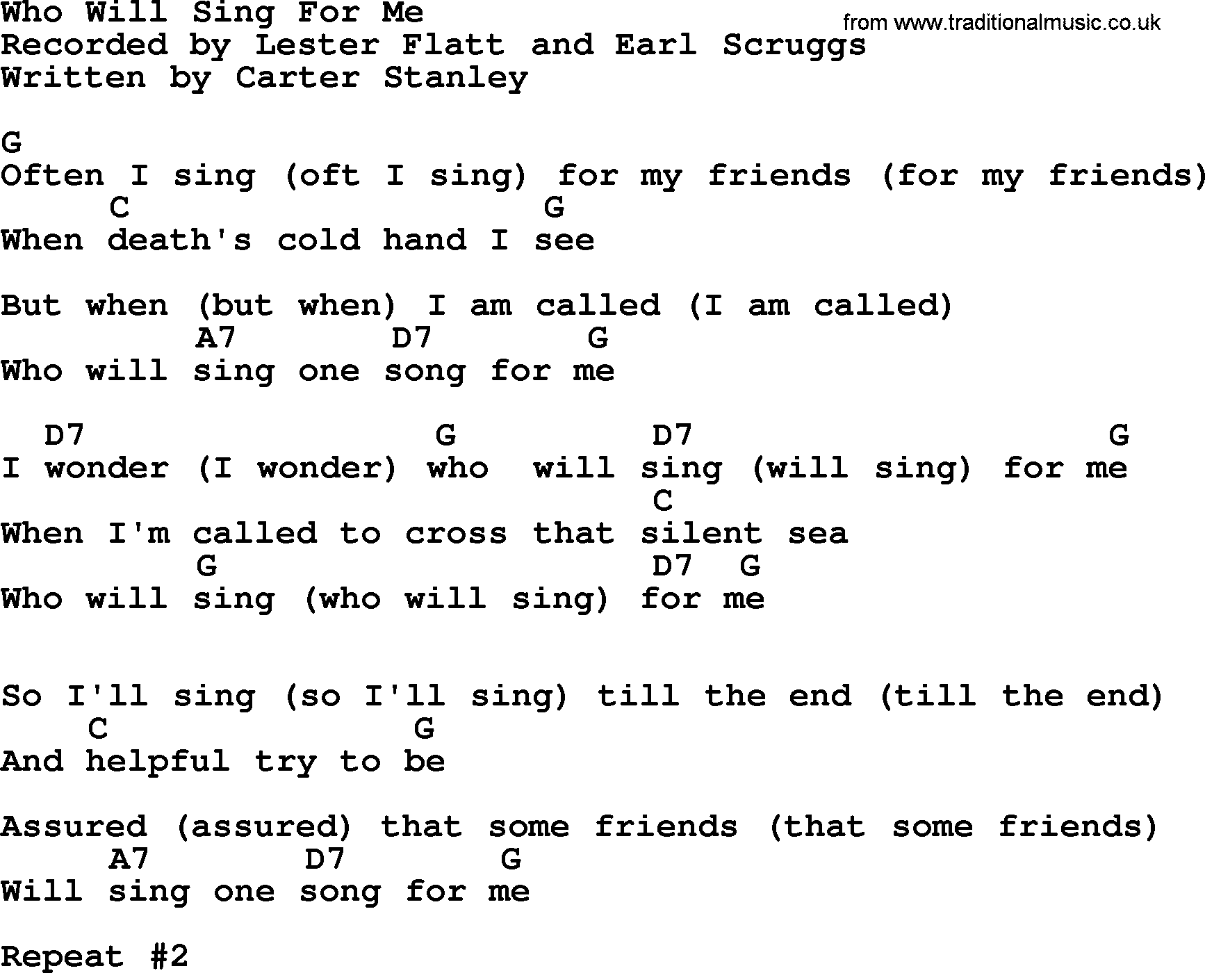 Bluegrass song: Who Will Sing For Me, lyrics and chords