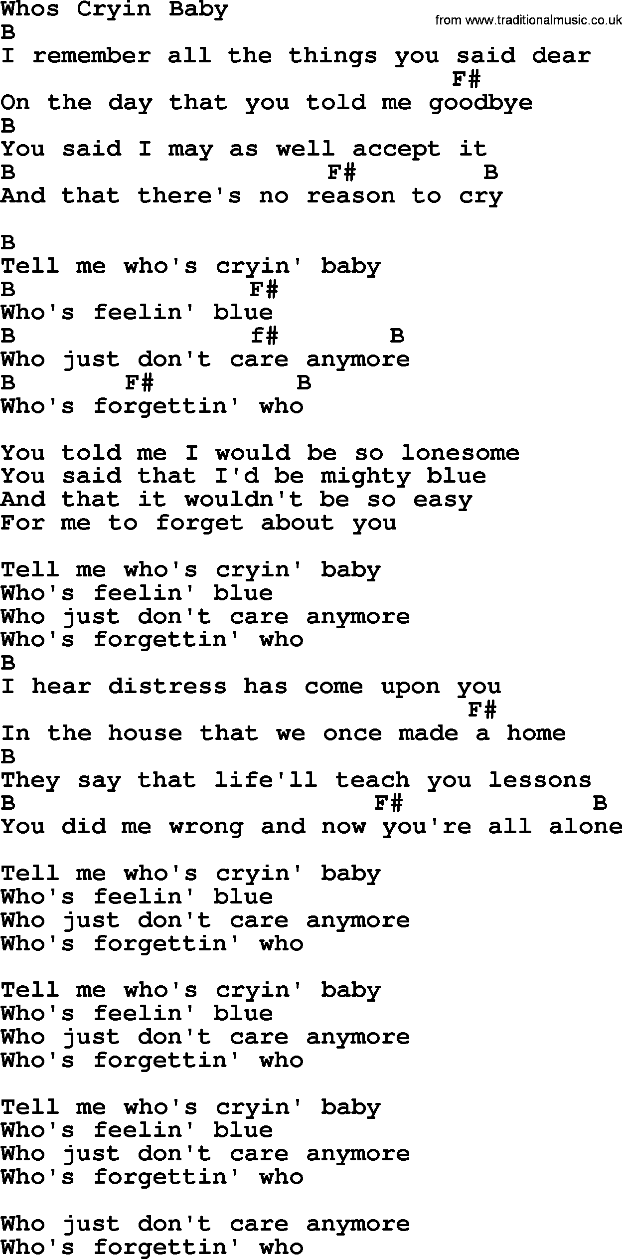 Bluegrass song: Whos Cryin Baby, lyrics and chords