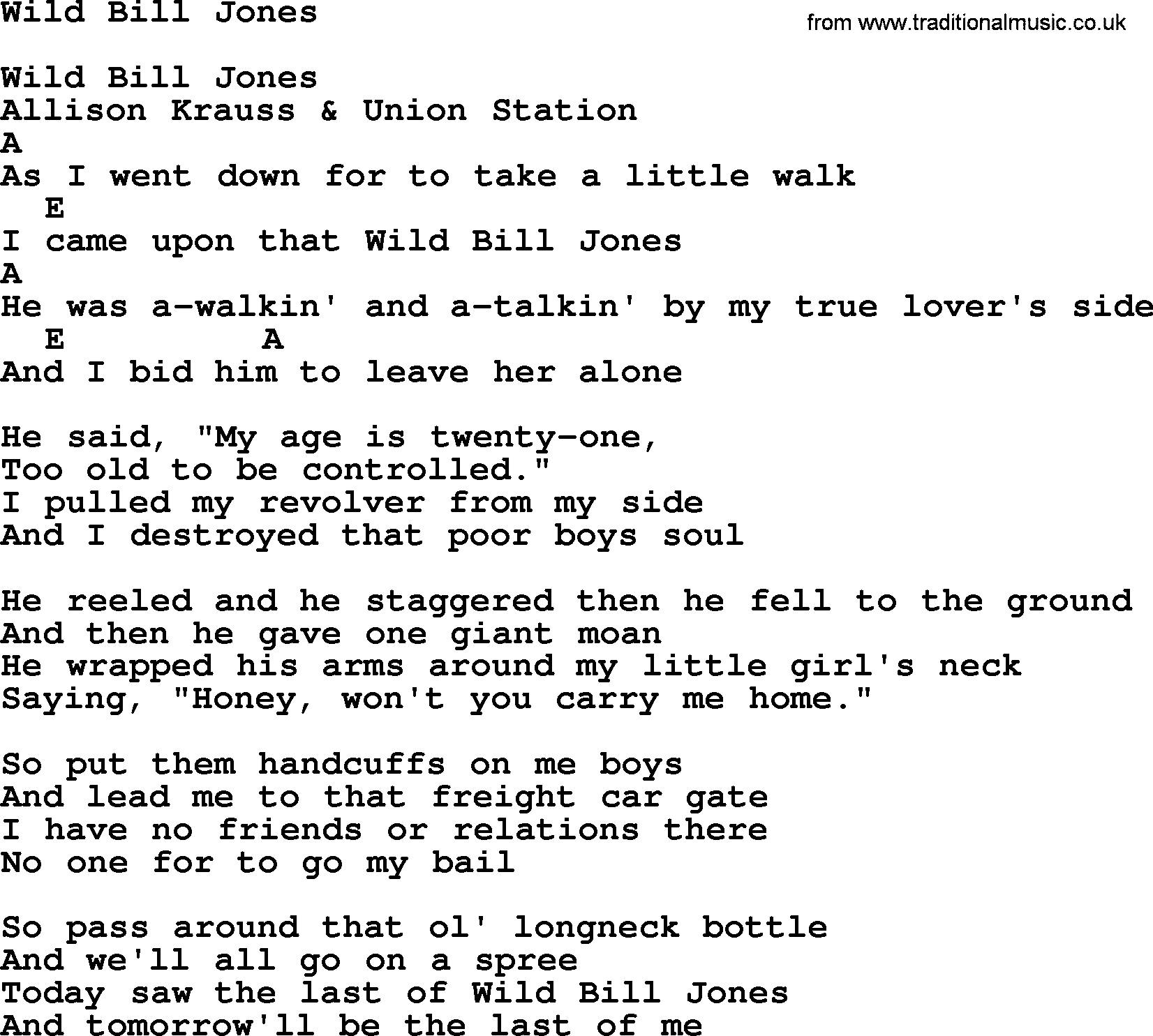 Bluegrass song: Wild Bill Jones, lyrics and chords