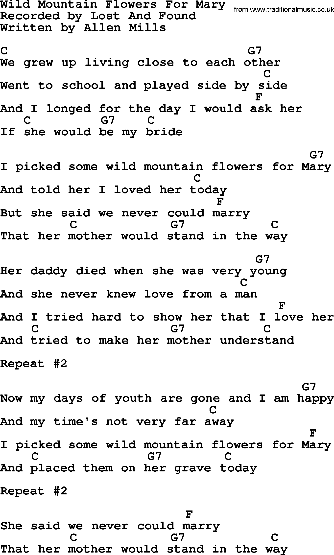 Bluegrass song: Wild Mountain Flowers For Mary, lyrics and chords