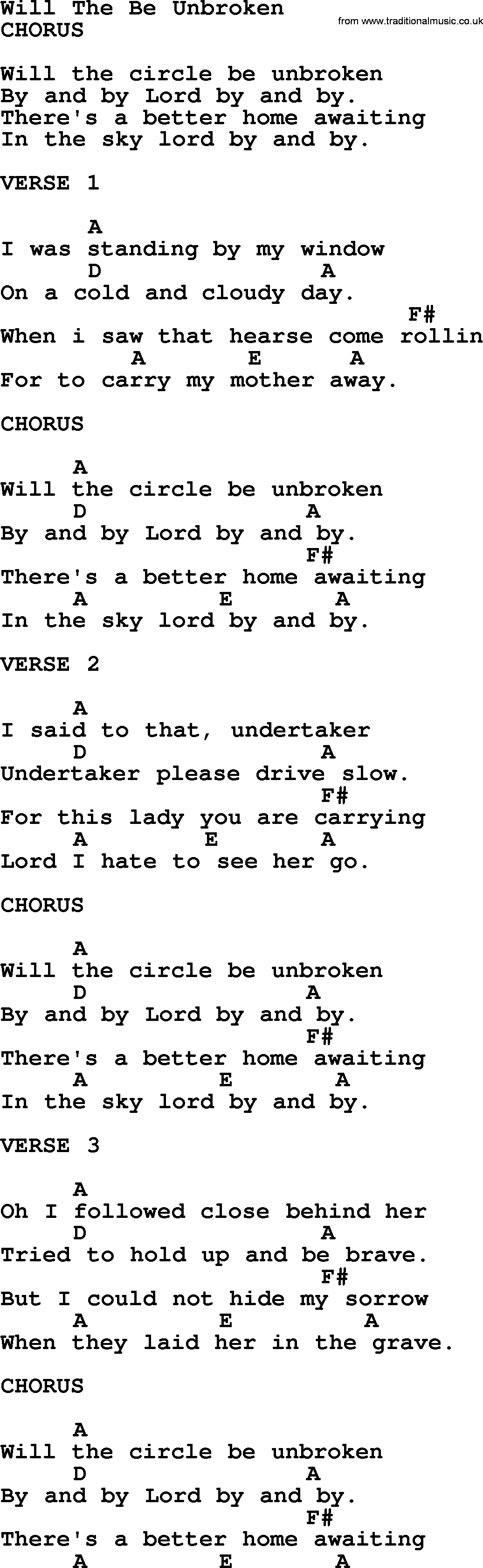 Bluegrass song: Will The Be Unbroken, lyrics and chords