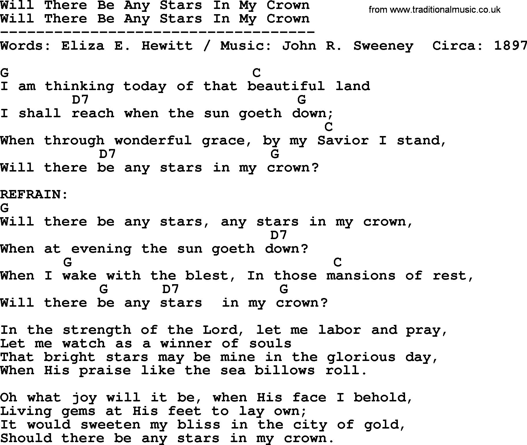 Bluegrass song: Will There Be Any Stars In My Crown, lyrics and chords