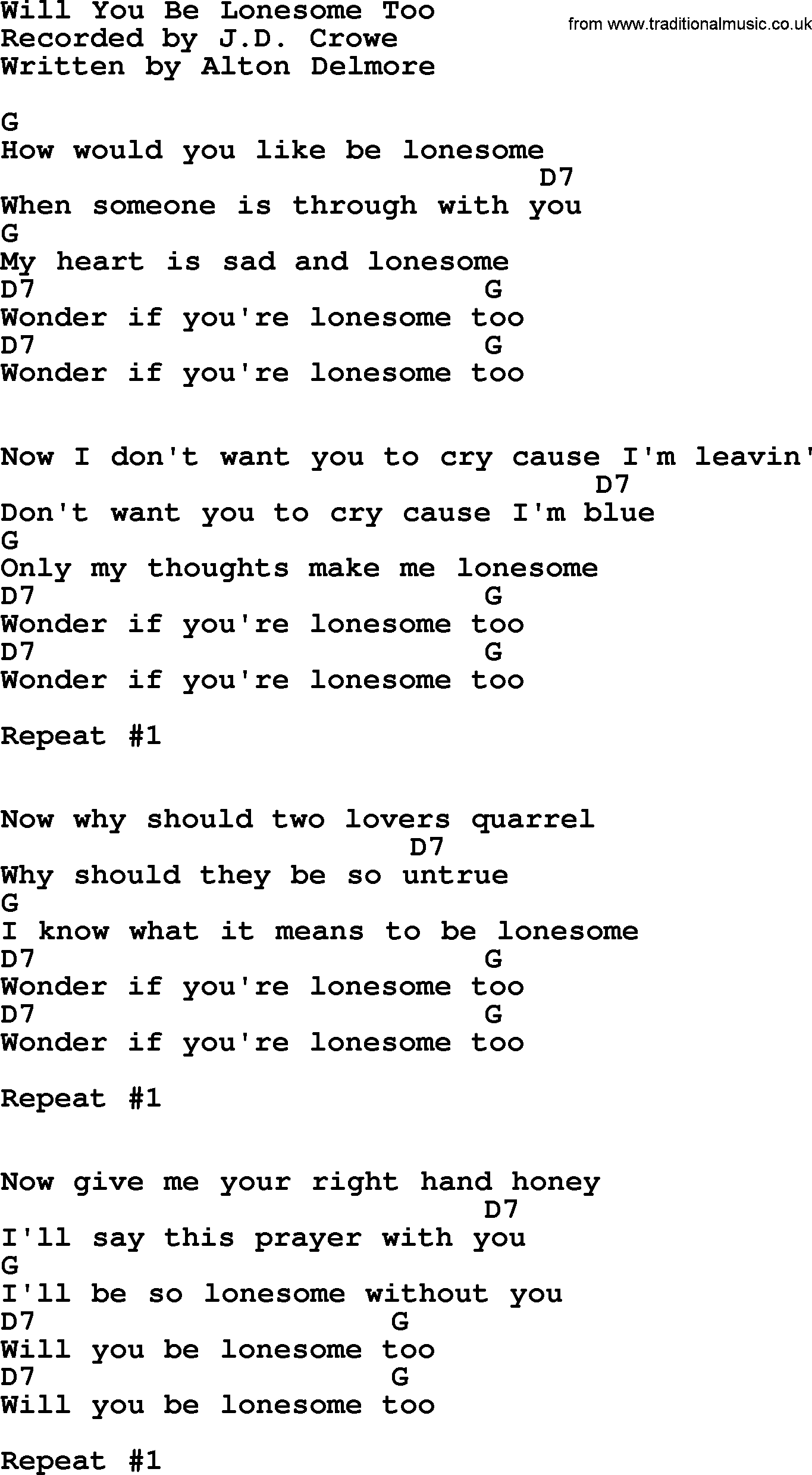 Bluegrass song: Will You Be Lonesome Too, lyrics and chords