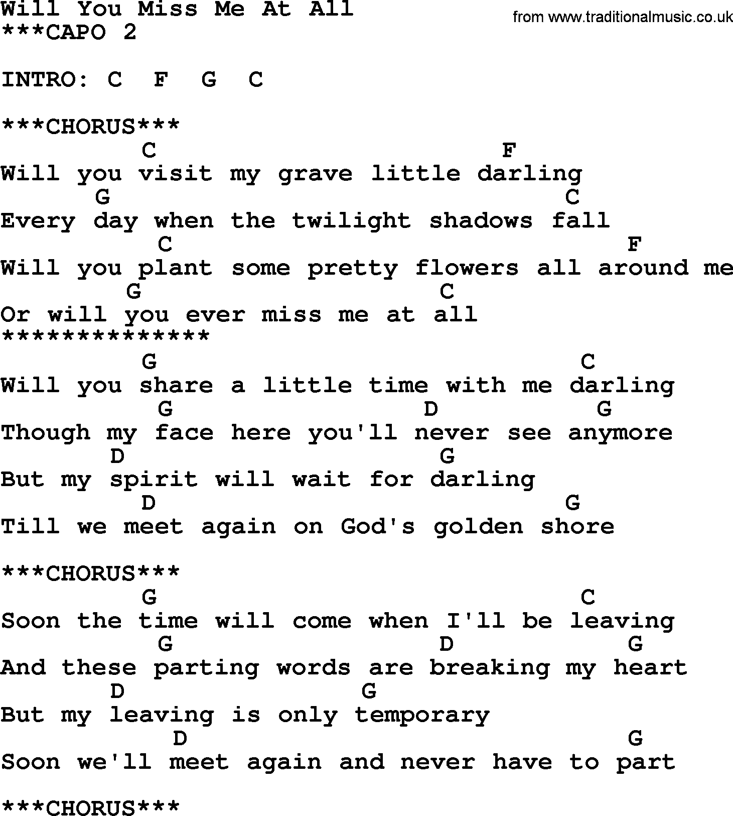 Bluegrass song: Will You Miss Me At All, lyrics and chords