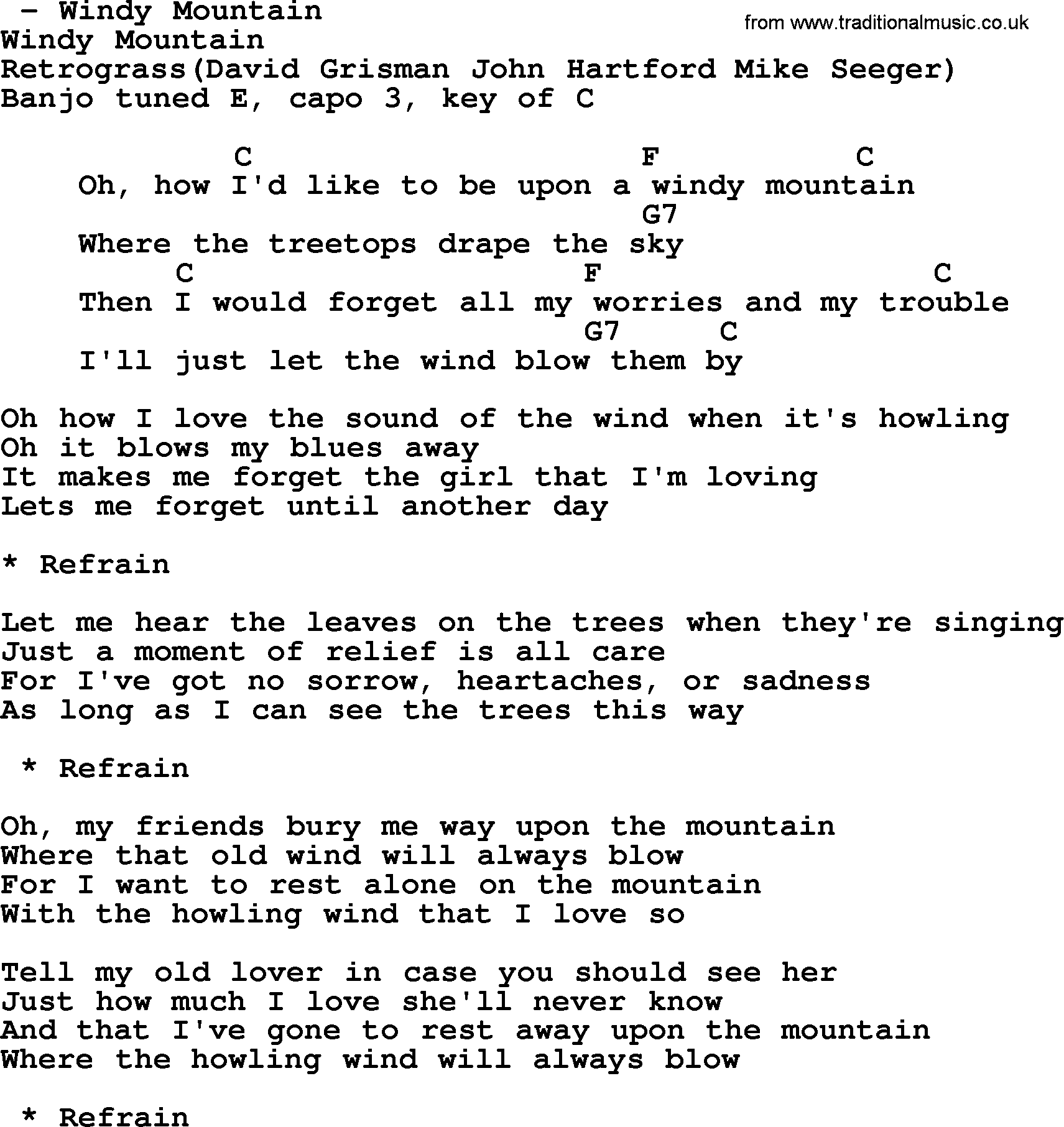 Bluegrass song: Windy Mountain, lyrics and chords