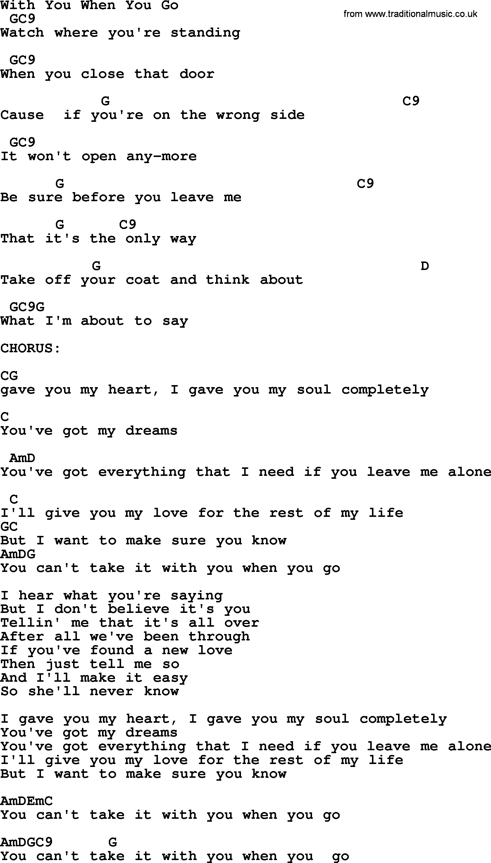 Bluegrass song: With You When You Go, lyrics and chords