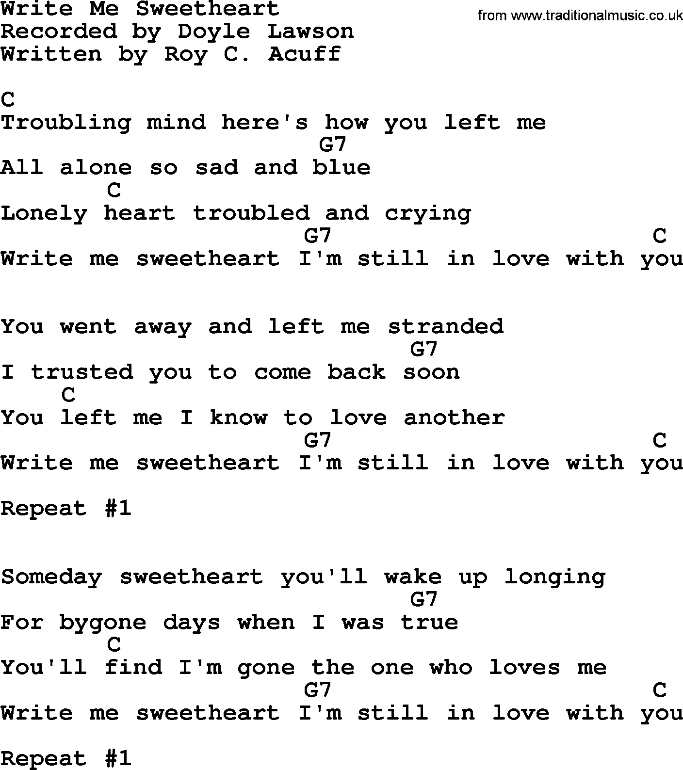 Bluegrass song: Write Me Sweetheart, lyrics and chords