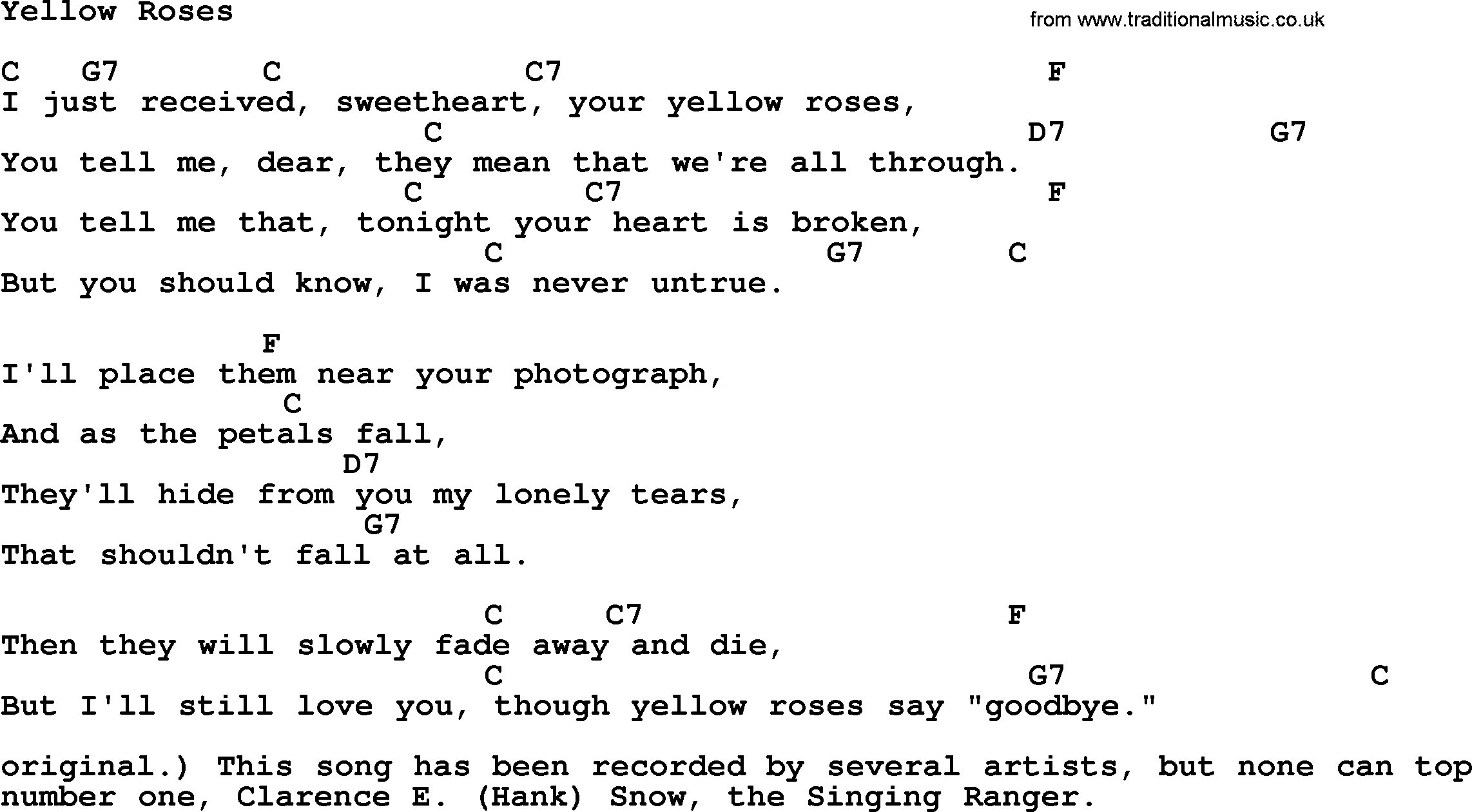 Bluegrass song: Yellow Roses, lyrics and chords