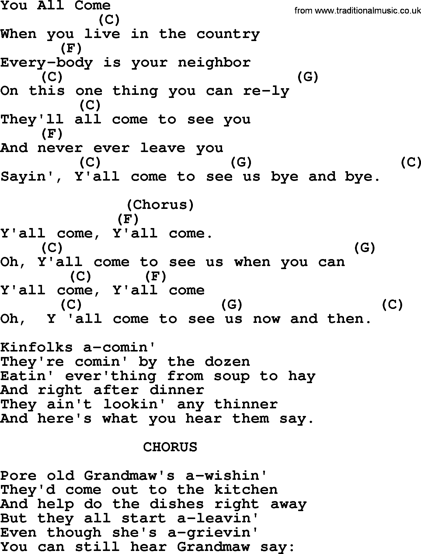 Bluegrass song: You All Come, lyrics and chords